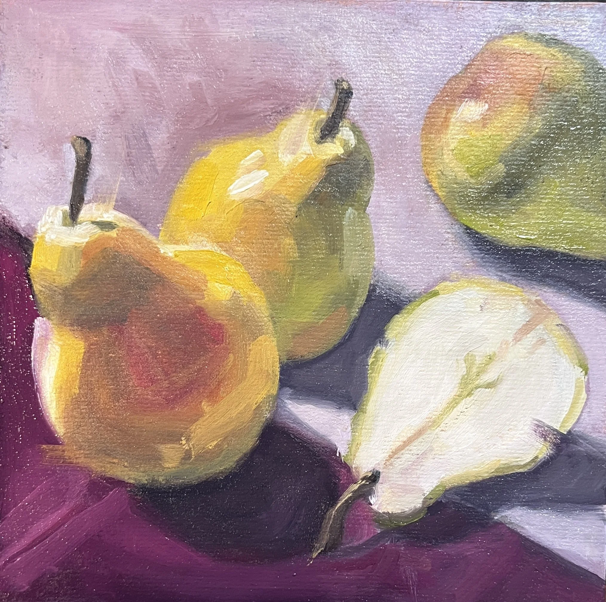 "Pear-fect", 6 x 6, oil on board, framed, $150