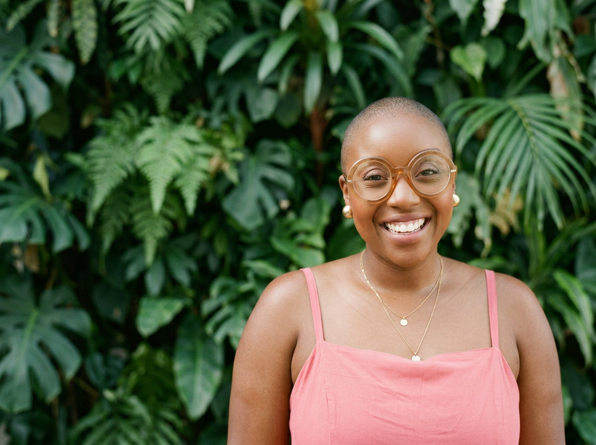 A smiling woman with short hair wearing large glasses, a pink sleeveless top, and layered necklaces, standing in front of lush green tropical plants.