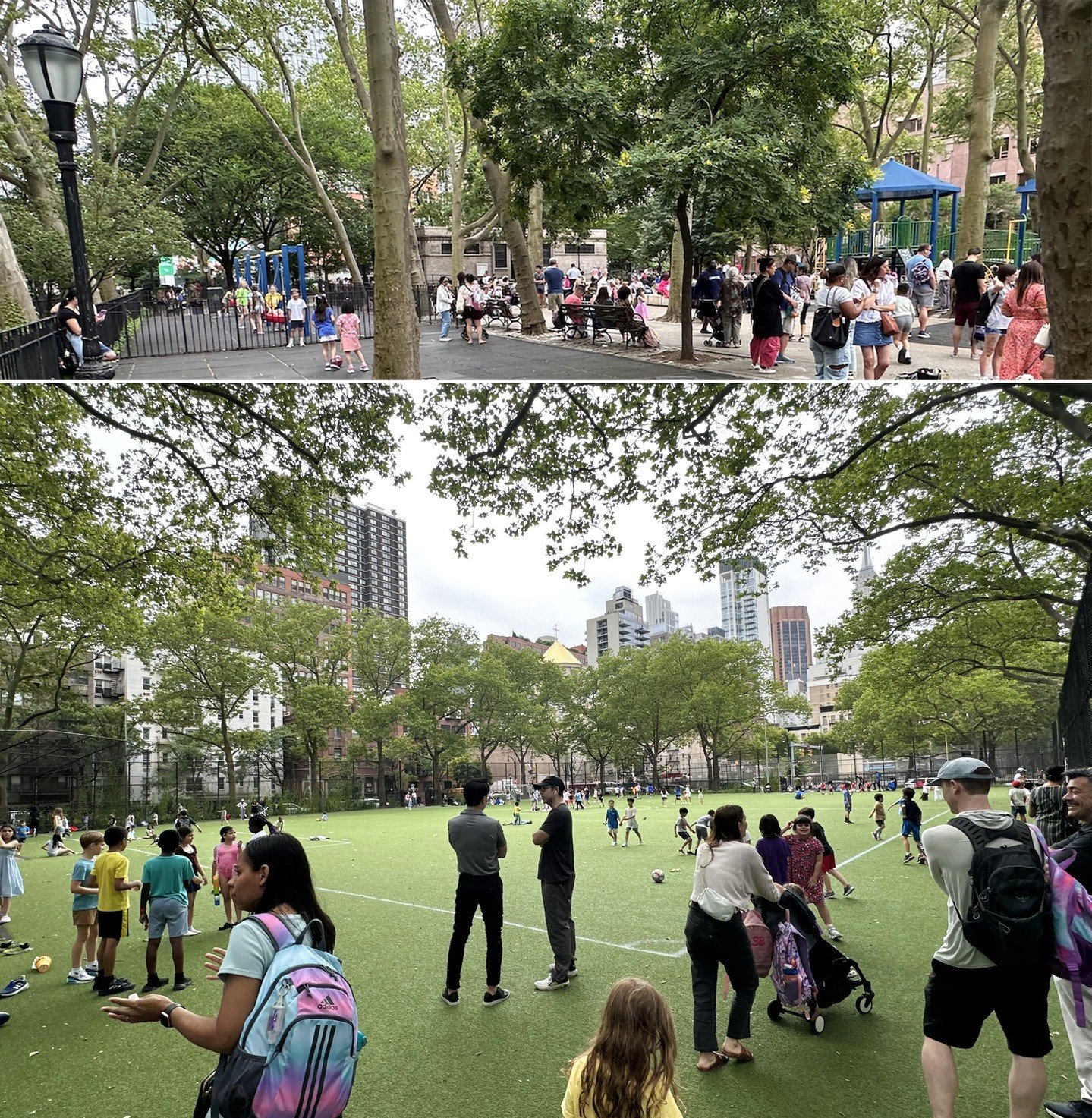 After New York City schools let out for the summer today, many students and caregivers immediately headed to the open spaces of St. Vartan Park, including here in the park playground and athletic field.