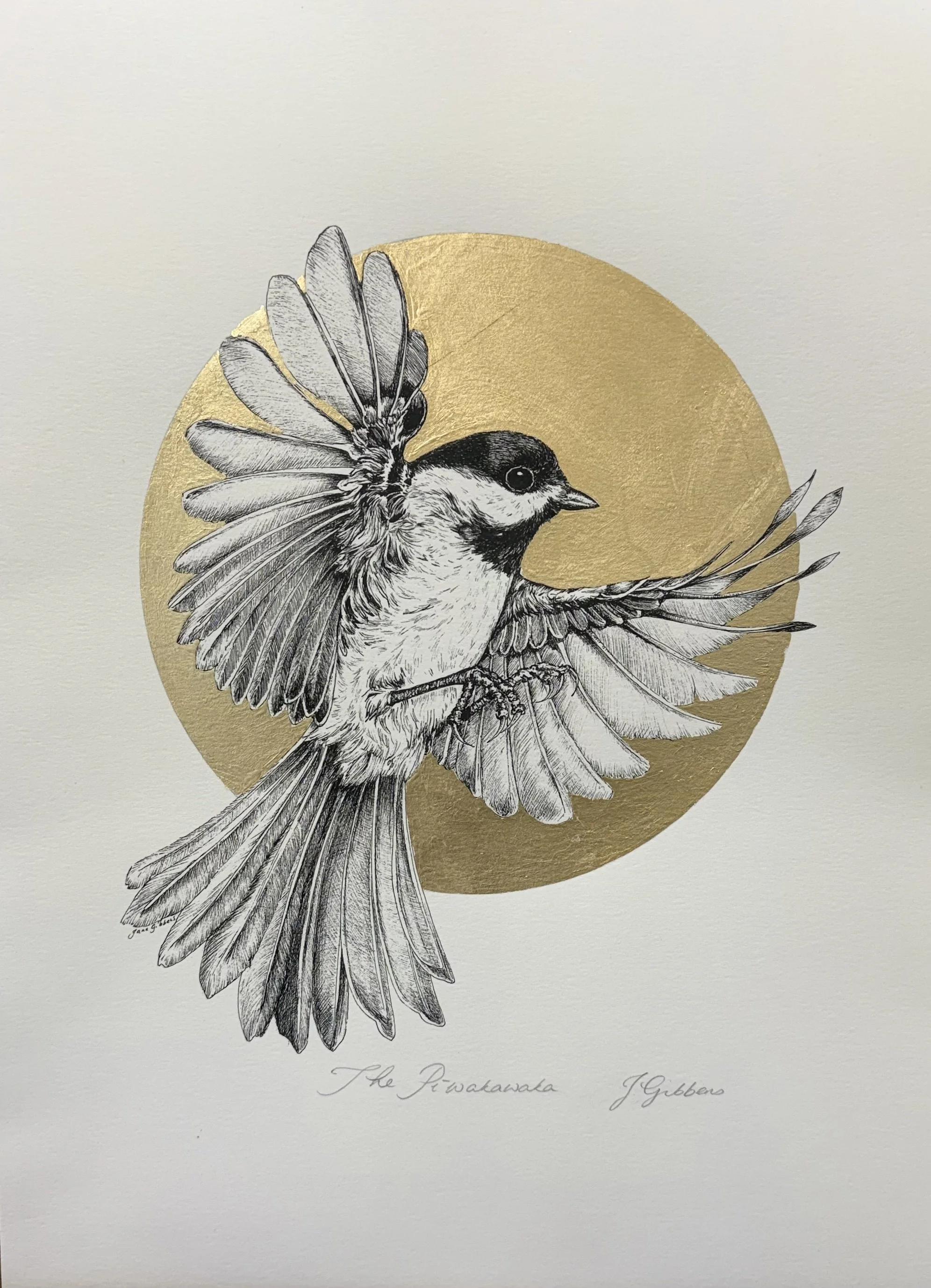 The Pīwakawaka with Gold leaf embellishment