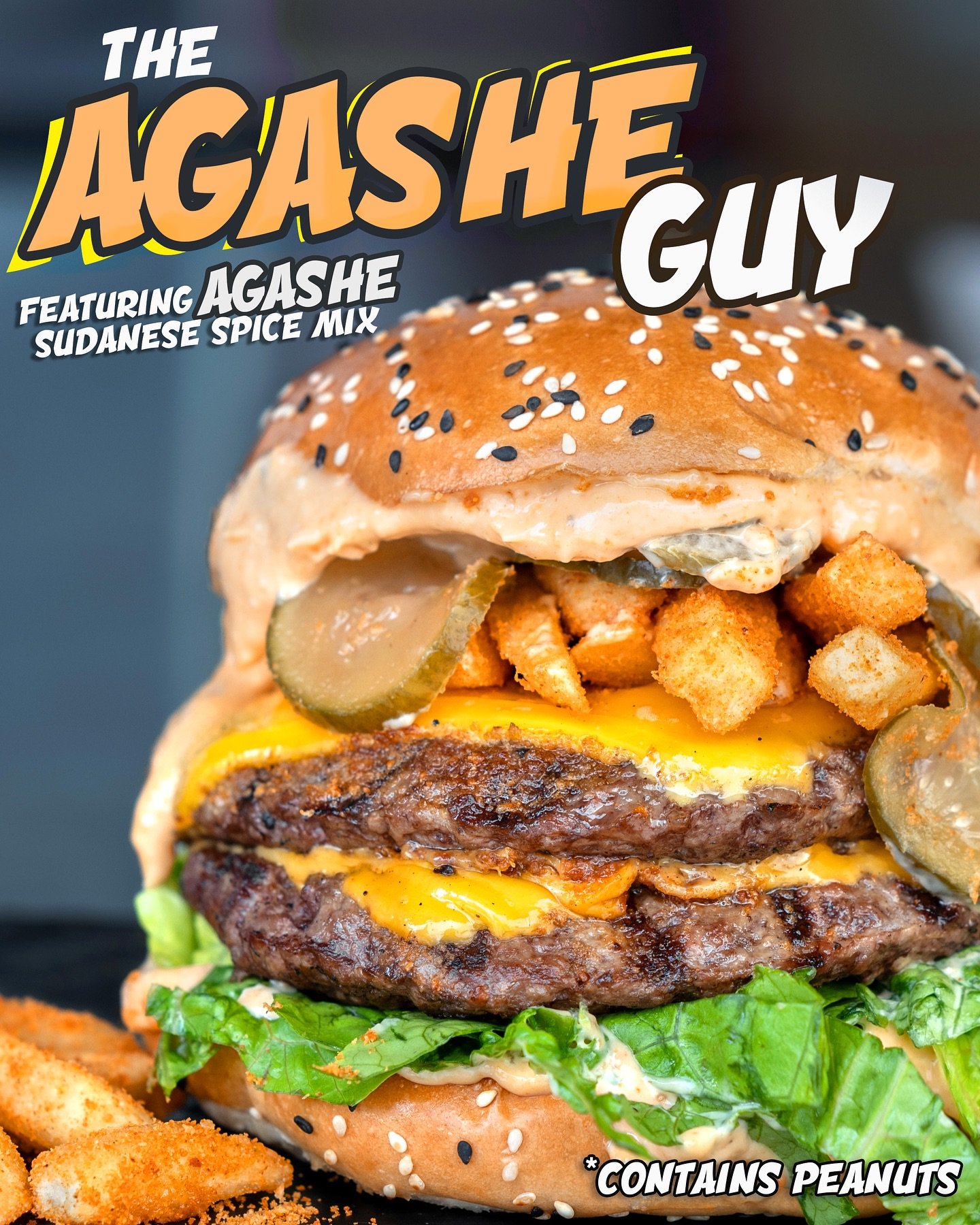 The Agashe Guy
From Sudanese celebrity chef @monzirhamdin , featuring his popular Agashe spice mix, we bring you burger of the week. A culinary journey into Sudanese cuisine!😋🍔
&bull;BEEF patty x2
&bull;Special AGASHE mayo* 
&bull;AGASHE seasoned f