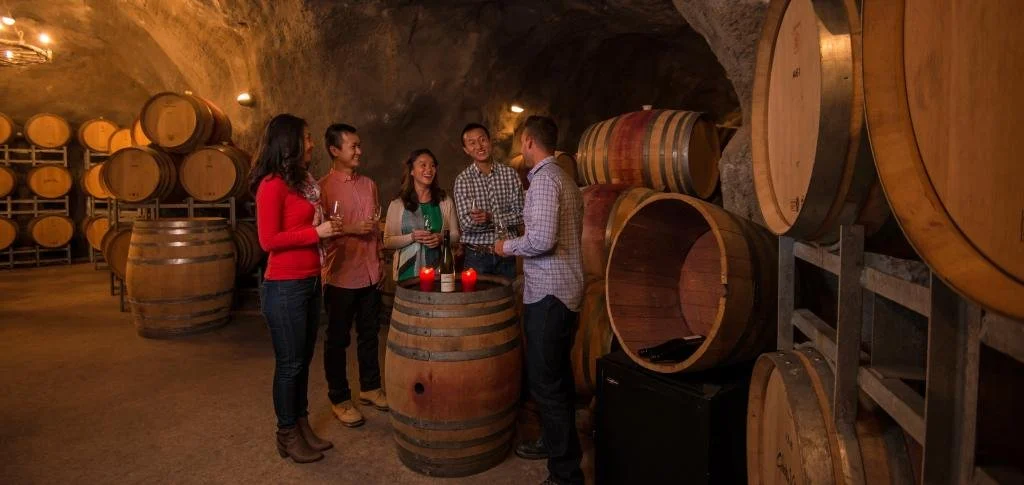 Group of five people socializing in a wine cellar with wooden barrels, holding drinks, and decorative red candles on a barrel table.