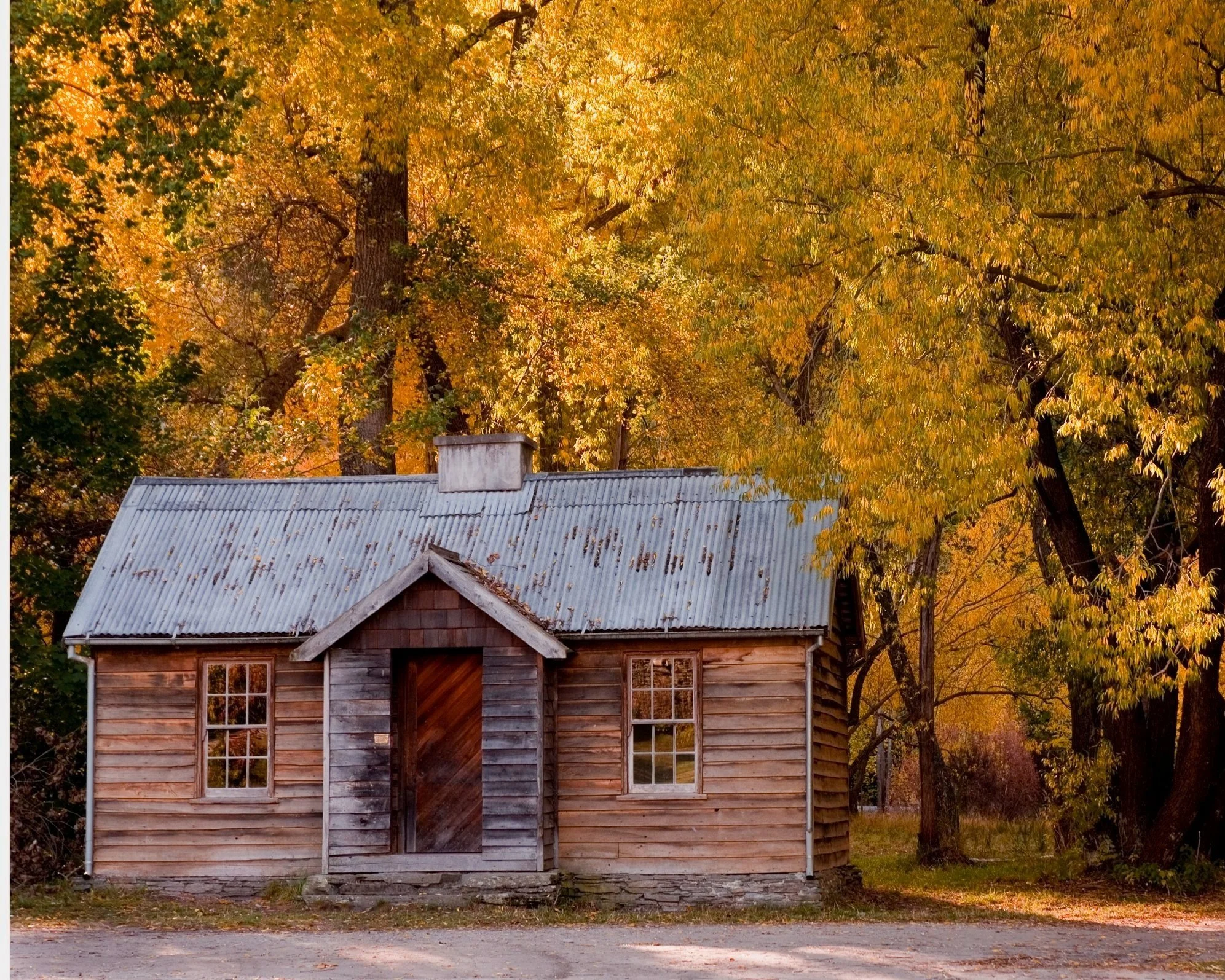 A small wooden house with a metallic corrugated roof, surrounded by autumn trees with yellow and orange leaves.
