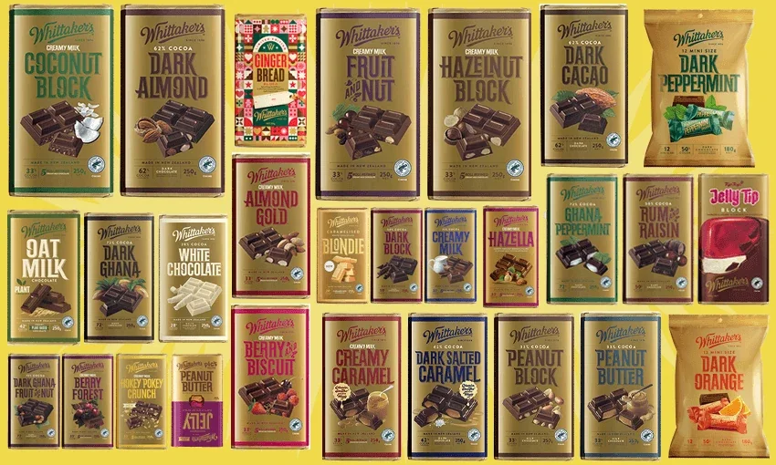 Collection of Whitaker's chocolate bars with various flavors including coconut, almond, gingerbread, fruit and nut, hazelnut, dark cacao, peppermint, oat milk, dark Ghana, white chocolate, almond gold, blondie, dark hazelnut, creamy milk, hazella, Ghana peppermint, rum and raisin, jelly tip, dark Ghana fruit nut, berry forest, honey poke crunch, piccy butter, berry pie biscuit, creamy caramel, dark salted caramel, peanut block, peanut butter, and dark orange.
