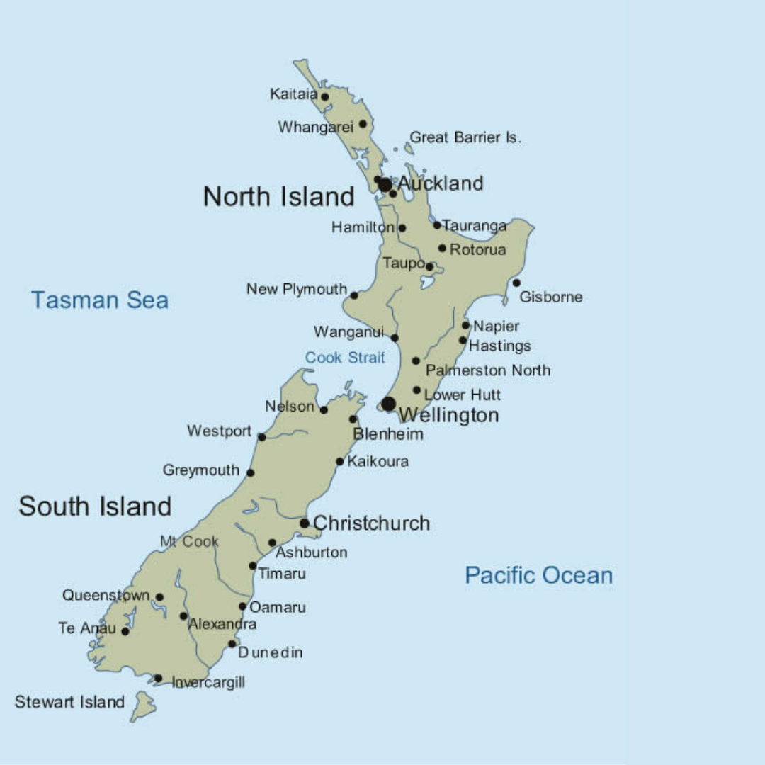 Map of New Zealand showing North Island and South Island, with major cities like Auckland, Wellington, Christchurch, and Queenstown, and surrounding water bodies including the Tasman Sea, Pacific Ocean, Cook Strait, and Stewart Island.