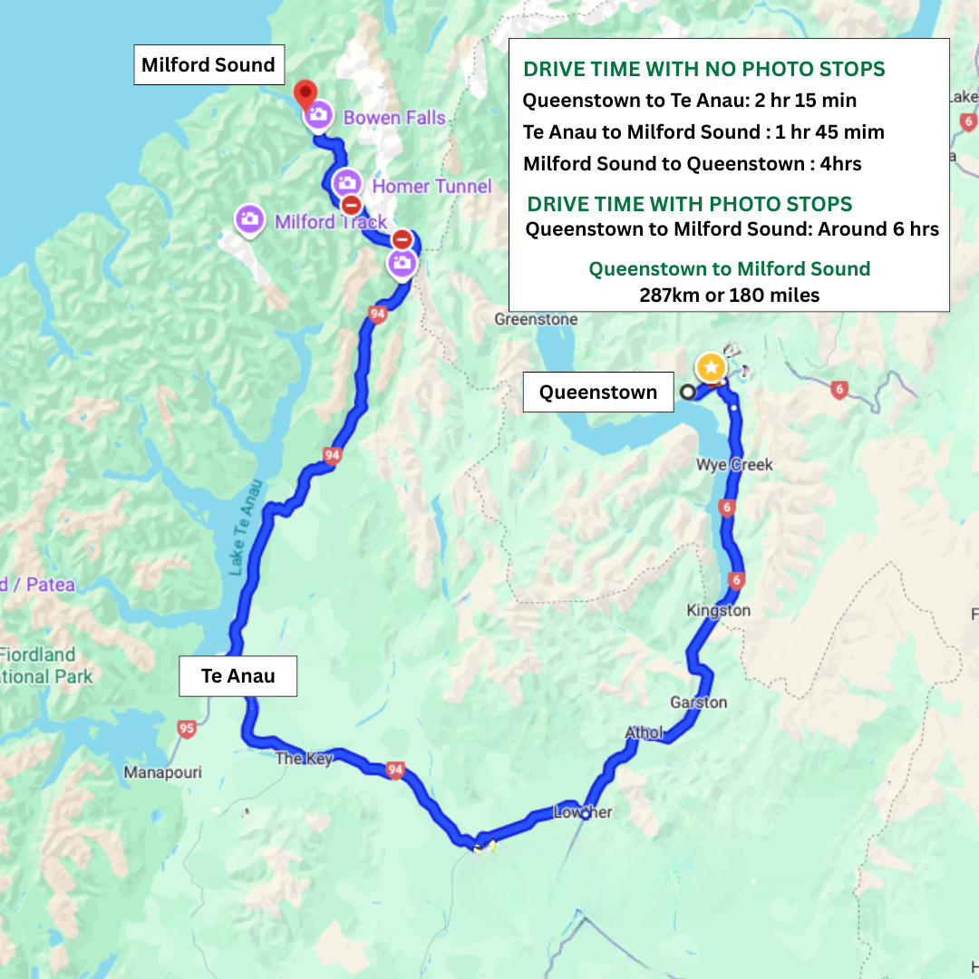 Map showing a driving route from Queenstown to Milford Sound with stops at Te Anau, Homer Tunnel, and Bowen Falls. It provides drive times and instructions, including options with and without photo stops.