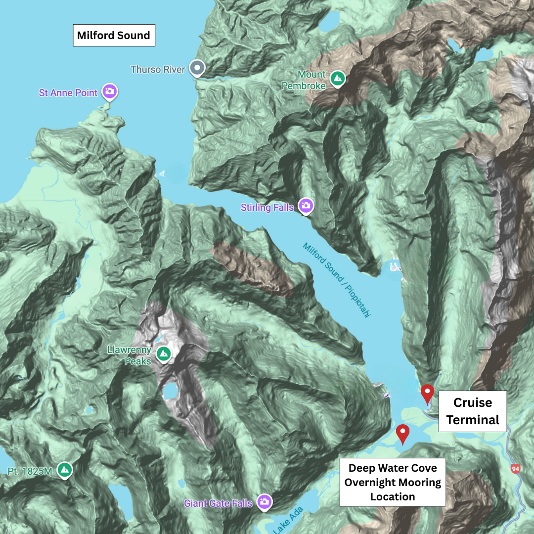 Map of a mountainous area showing locations such as Milford Sound, Stirling Falls, Mount Pembroke, and Llawernny Peaks, along with labels for cruise terminal and overnight mooring location at Deep Water Cove.