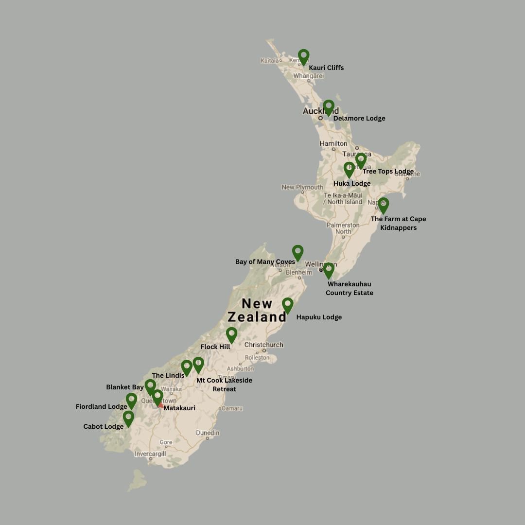 Map showing approximate luxury lodge locations across New Zealand