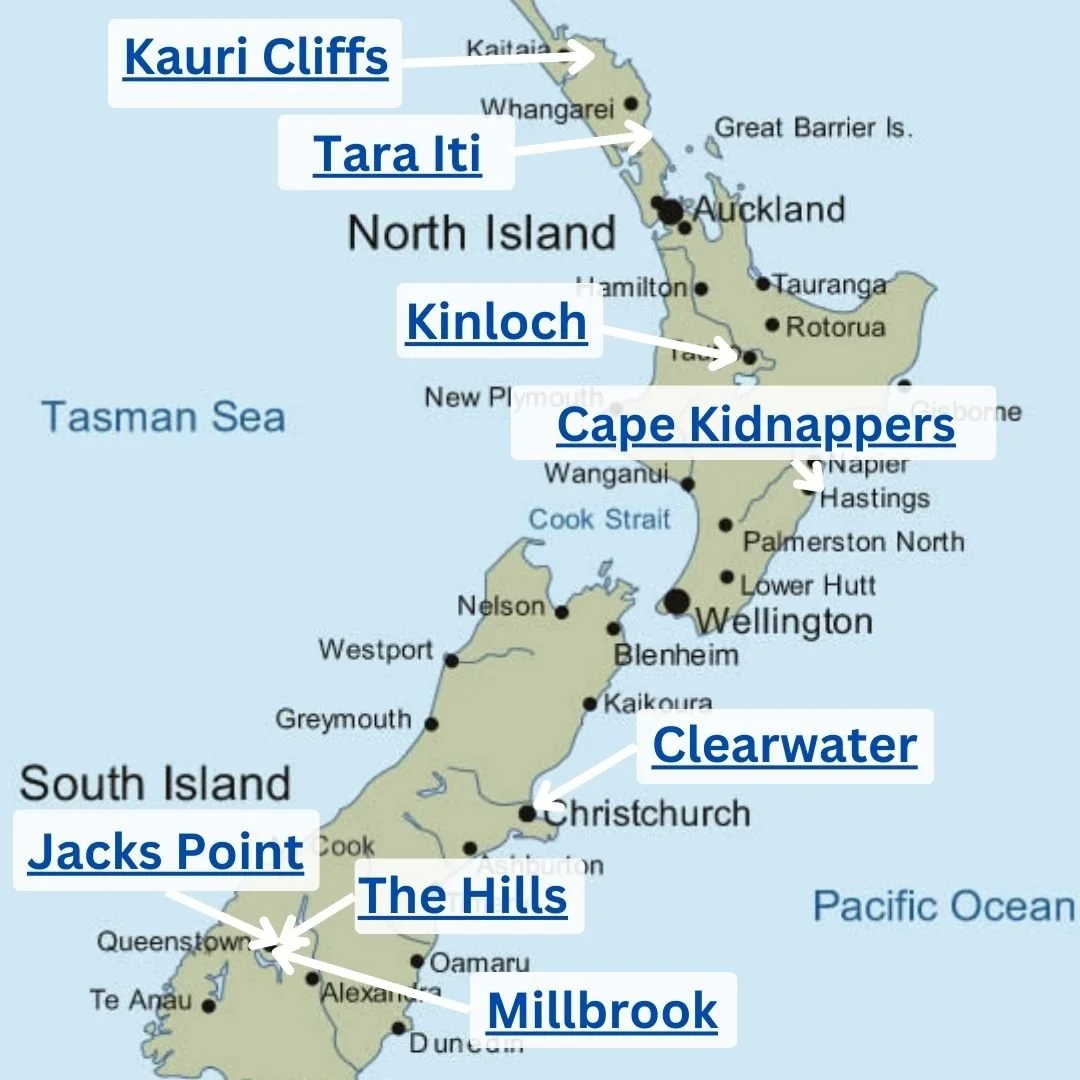 Map of New Zealand with notable features and locations labeled, including Kauri Cliffs, Tara Iti, Kinloch, Cape Kidnappers, Clearwater, Jacks Point, The Hills, and Millbrook.