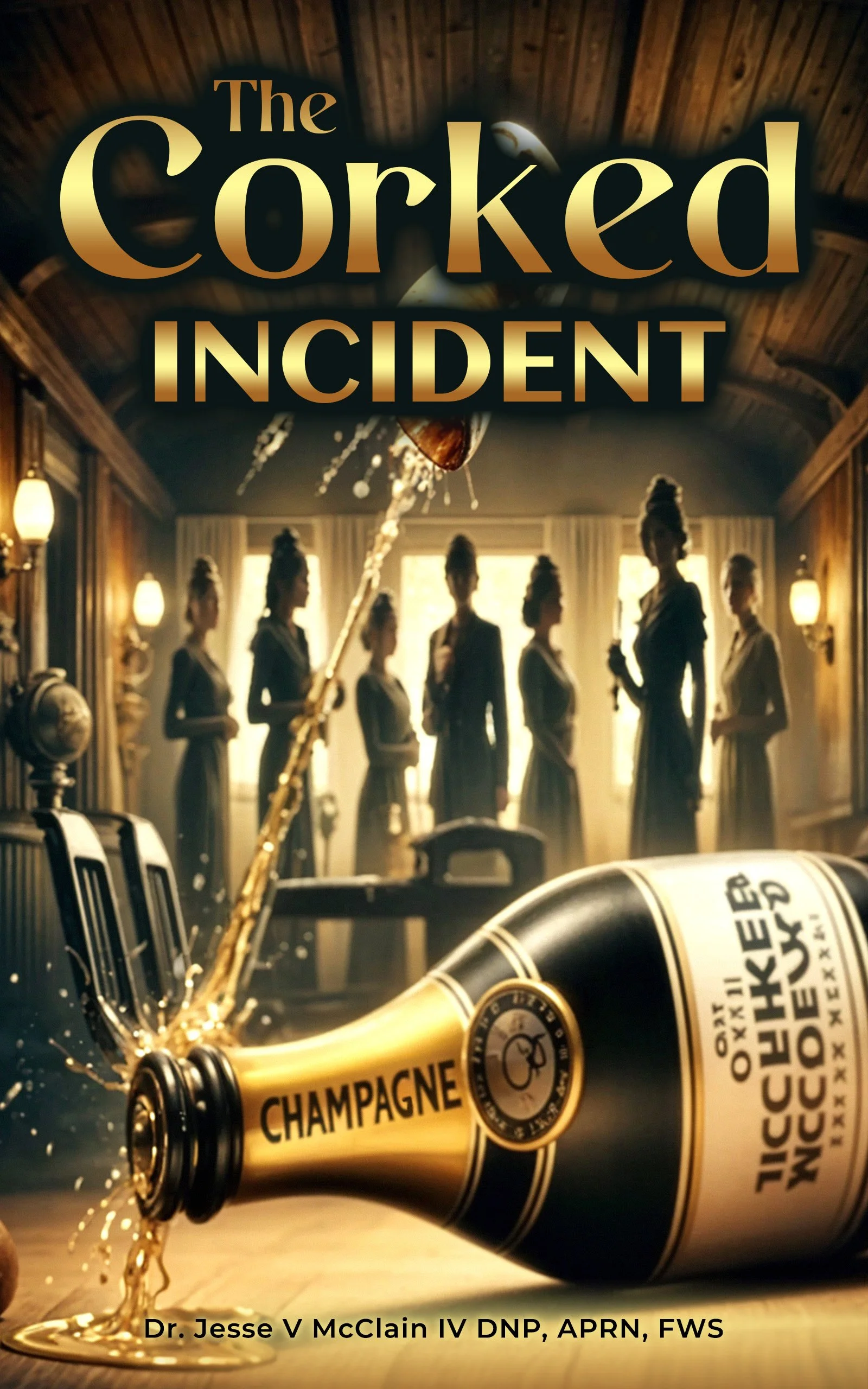 Book cover titled 'The Corked Incident' showing a bar scene with women in vintage dresses in silhouette, an overturned champagne bottle with spilled champagne, and a flying cork, with the author's name Dr. Jesse V McClain IV DNP, APRN, FWS.