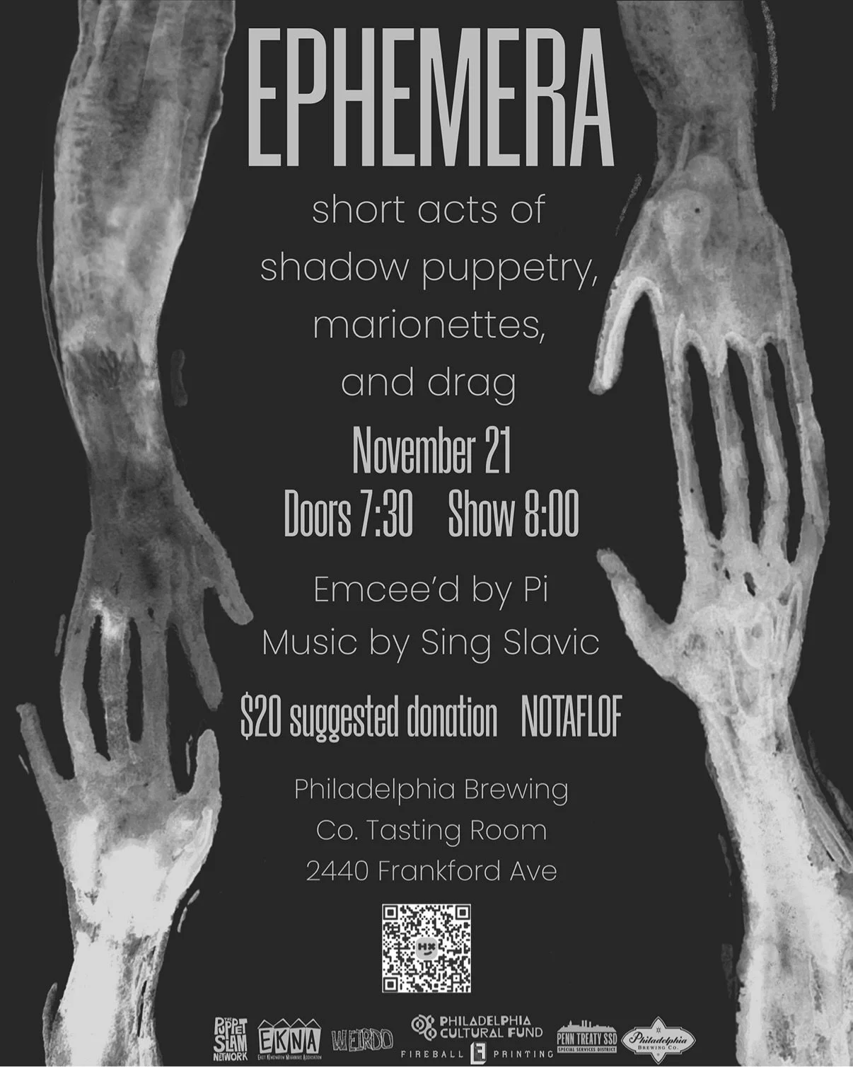 EPHEMERA returns for another evening of live storytelling, puppetry and drag!  Step in from the growing cold and join us by a string light-raftered stage for 8 short acts featuring marionettes, magic lantern, shadow puppetry, and more.

Saturday Nove