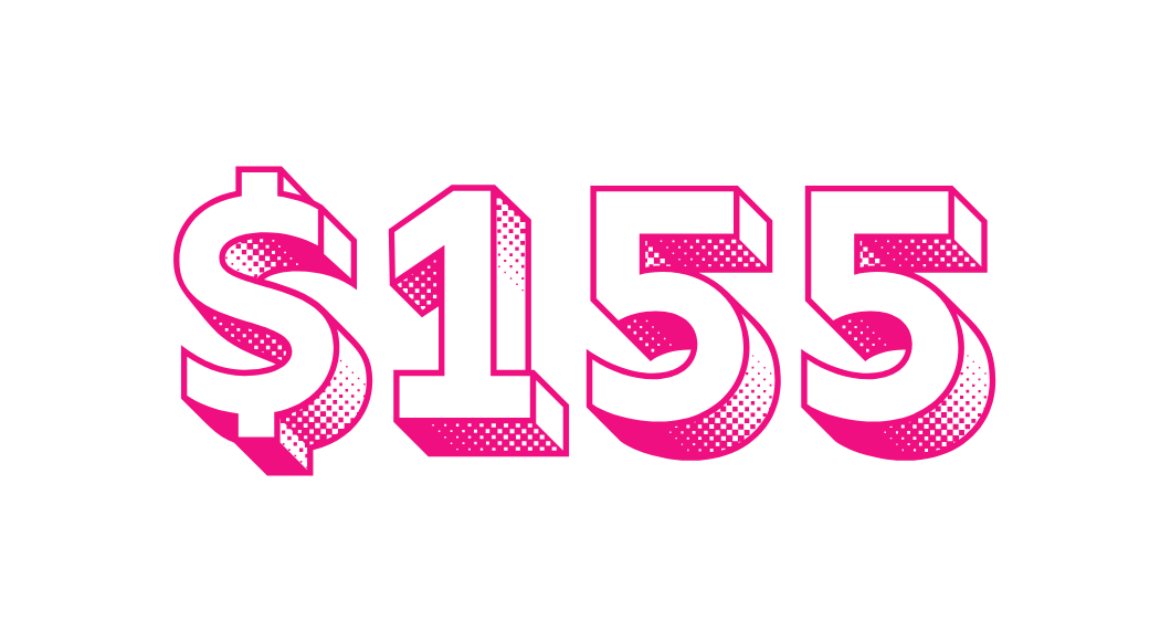 Pink text reading '$155' on a black background.