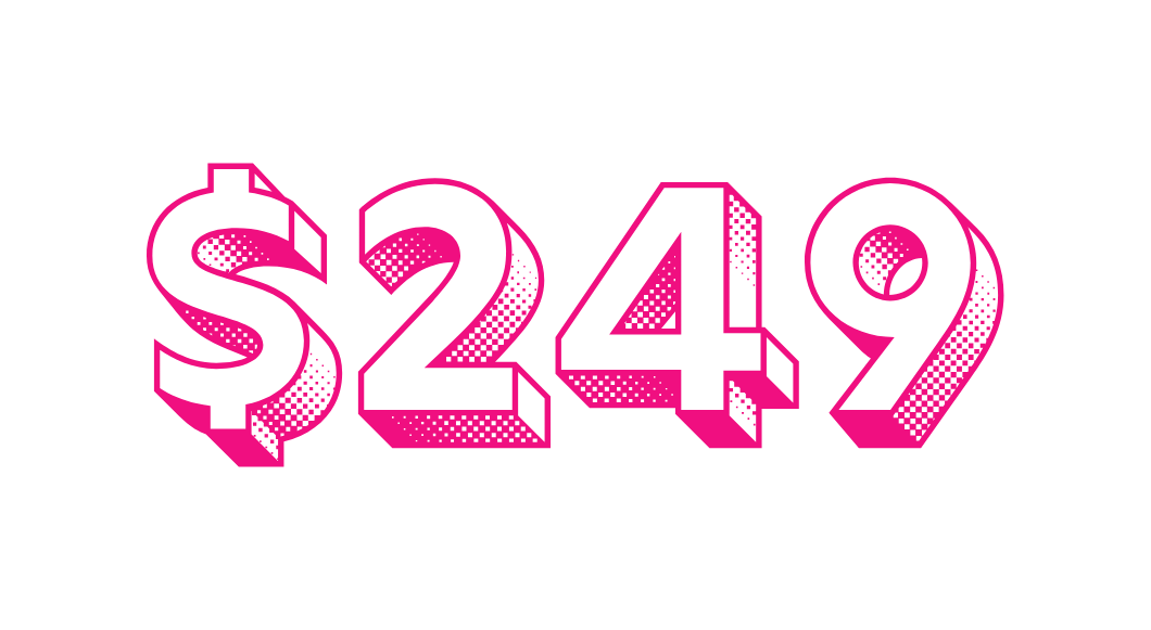 Pink text reading '$249' on a black background.
