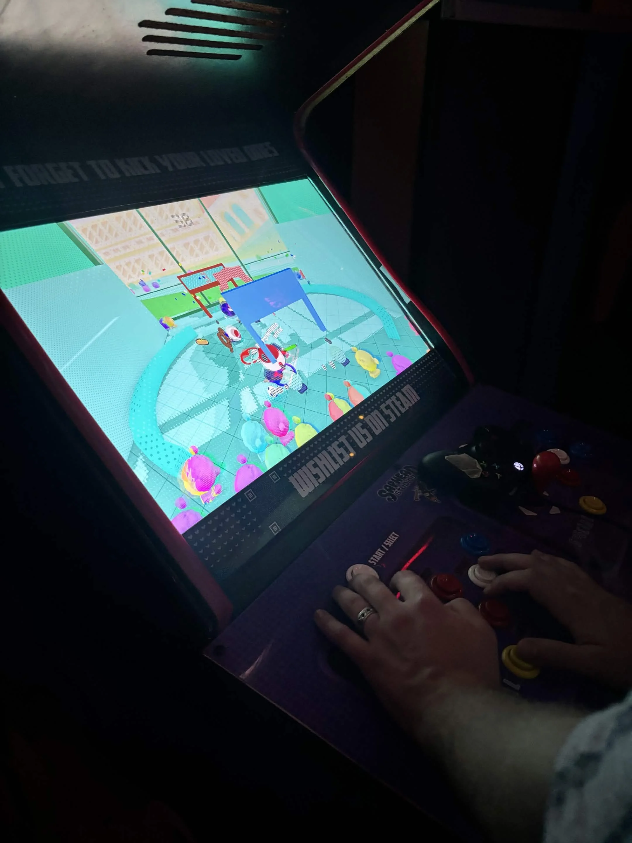 Playing Philly Ball on the cabinet completed the project’s arcade vision. The physical controls, cabinet presentation, and fast local multiplayer gameplay came together to create a social, pick-up-and-play experience designed for bars, events, and pu
