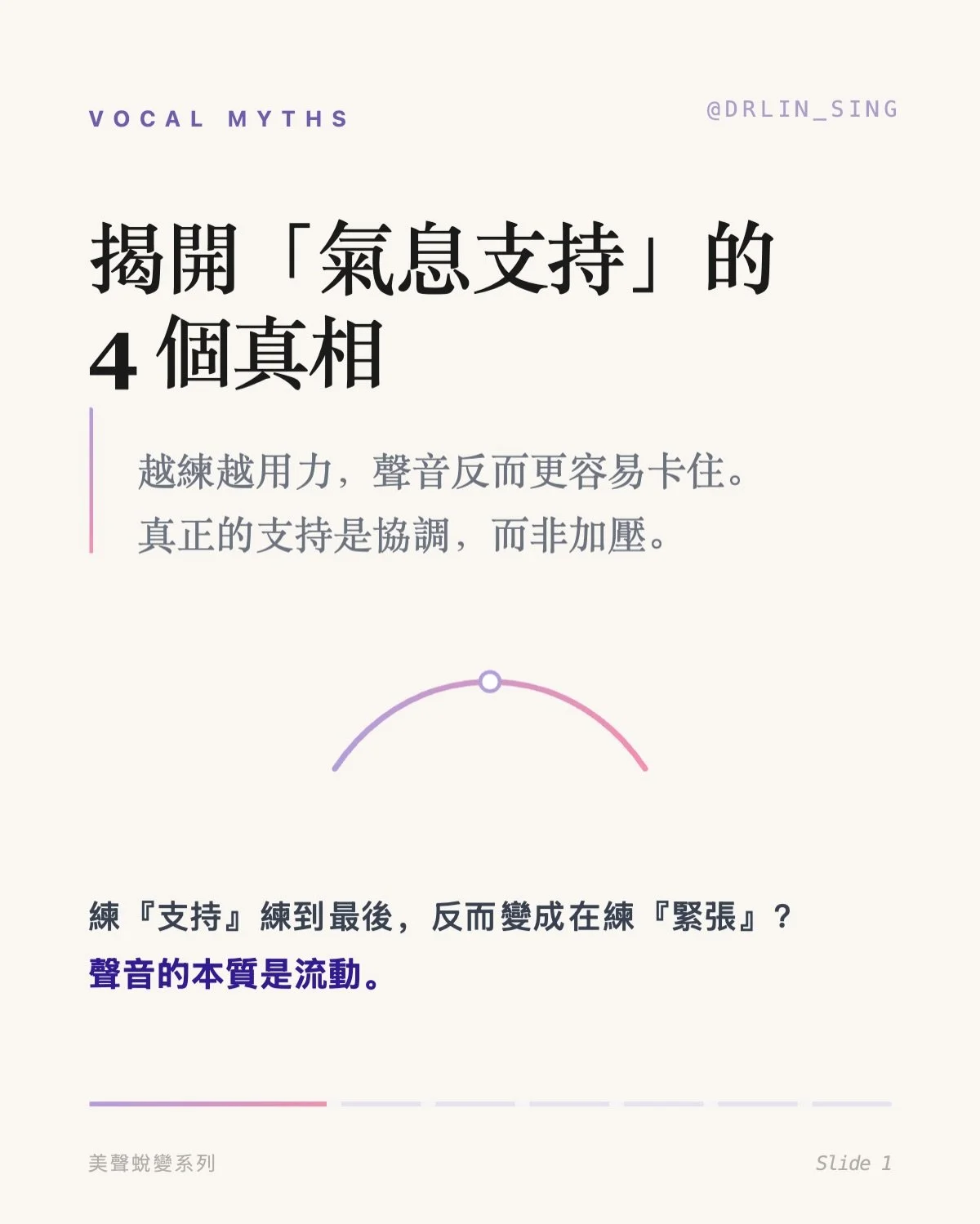 練了好久的「氣息支持」， 
卻越練越緊、越唱越卡&mdash;&mdash;

不是你不夠努力， 是方法的方向錯了。

很多人把氣息支持練成了「對抗」： 
頂住、憋住、夾緊、吸滿⋯⋯ 
結果身體越來越硬，聲音越來越堵。

真正的支持，從來不是用力撐著， 
而是讓氣流、聲門、共鳴&mdash;&mdash; 
找到屬於彼此的節奏。

聲音的本質是流動。 

美好的歌唱，來自平衡，而非蠻力。

&mdash;&mdash;

如果你也曾覺得：
 「我明明有在練，但聲音就是出不來。」
也許，是時候換一