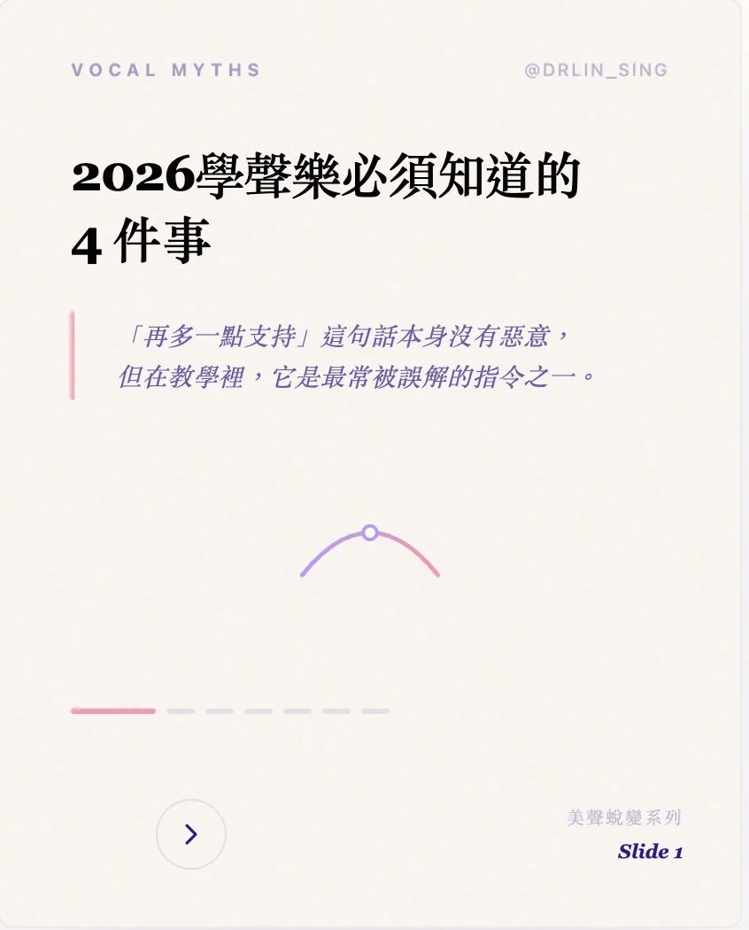 「再多一點支持！」你聽過這句話嗎？

這句話本身沒有惡意， 但它是聲樂教學裡最常被誤解的指令之一。

聽到「支持」，身體最直接的反應往往不是協調&mdash;&mdash; 
而是用力、撐住、收緊。 
結果聲音越練越緊，離穩定越來越遠。

滑下去看看，真正的問題出在哪裡 👉

&mdash;

其實，歌唱從來不是單一因素的結果， 而是整個系統的協調： 呼吸、聲帶振動、聲道形狀，缺一不可。

用一個模糊的詞概括所有問題， 不只降低訓練精準度&mdash;&mdash; 還很容易讓身體做出錯誤的代