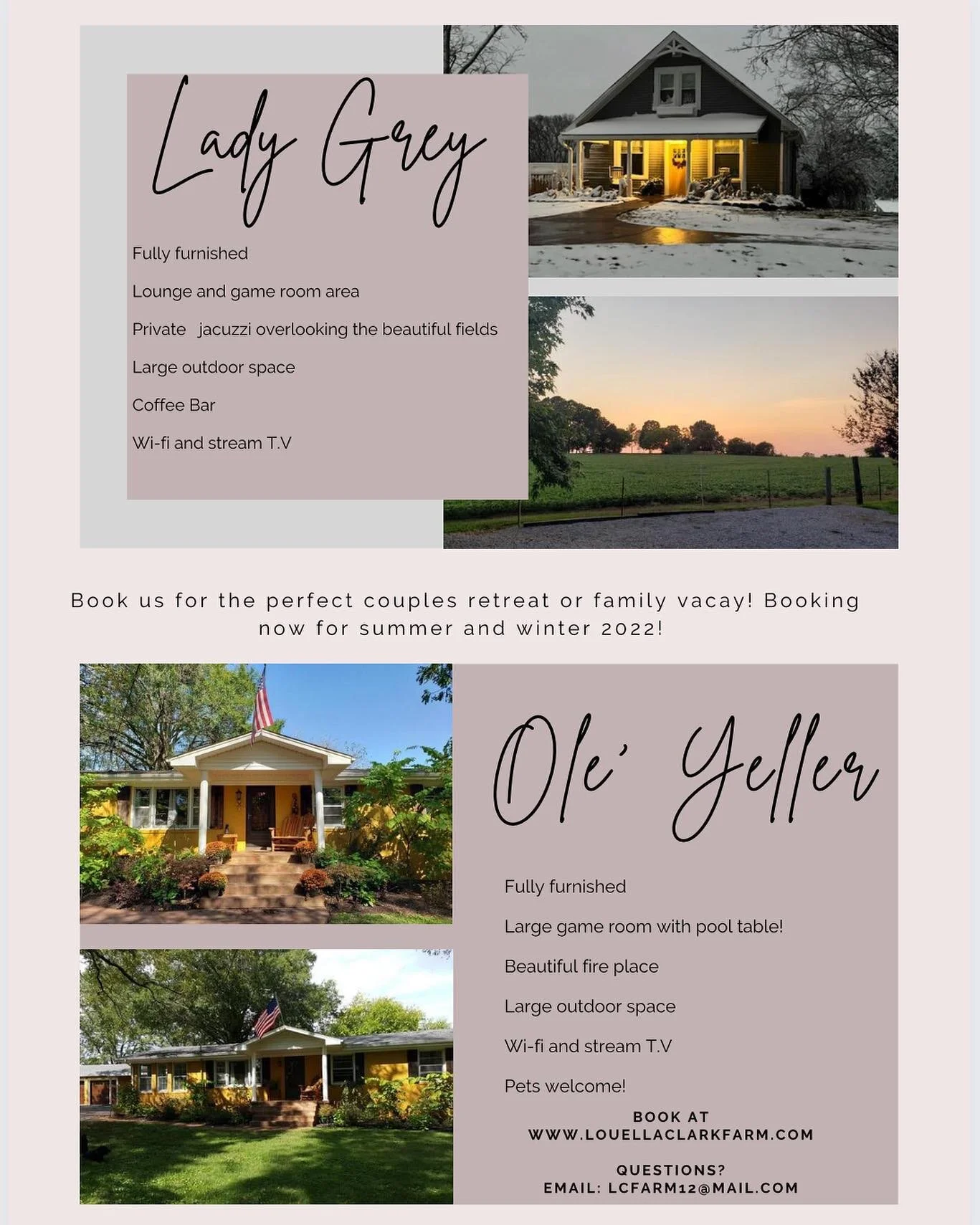Booking for Summer 2022 &amp; Winter 2022!☀️❄️

Ready for beautiful summer days on Tim Ford&rsquo;s Lake? Spend 4th of July weekend on the farm and experience all the fun and adventure!

Louella Clark farm homes are fully furnished with unique amenit