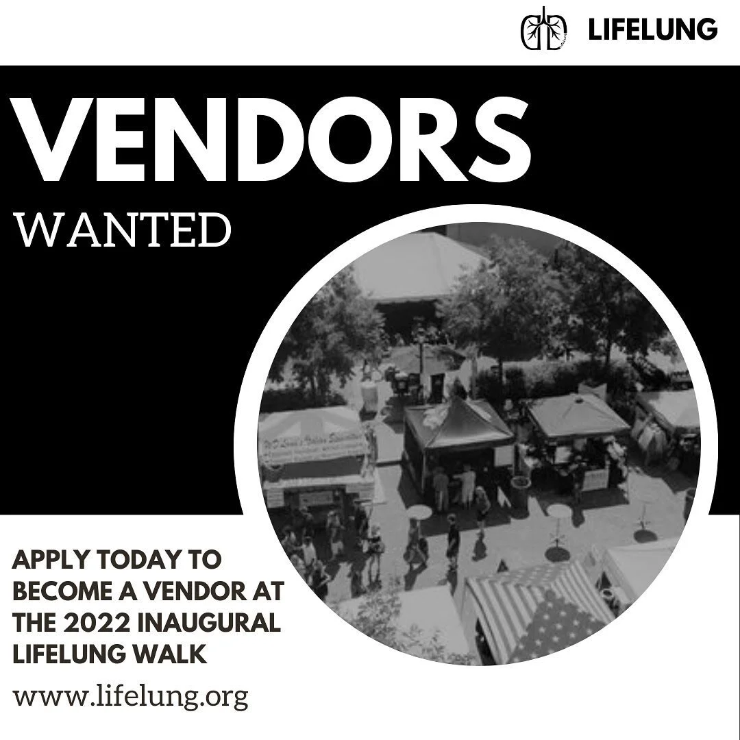 Calling all vendors!

LifeLung Non-profit will be hosting our 2022 Inaugural LifeLung Walk on Saturday, November 5, 2022. For vendors that are in relation to healthy living and self-care (no direct sales for this event).

Spotts Park: 401 S Heights B