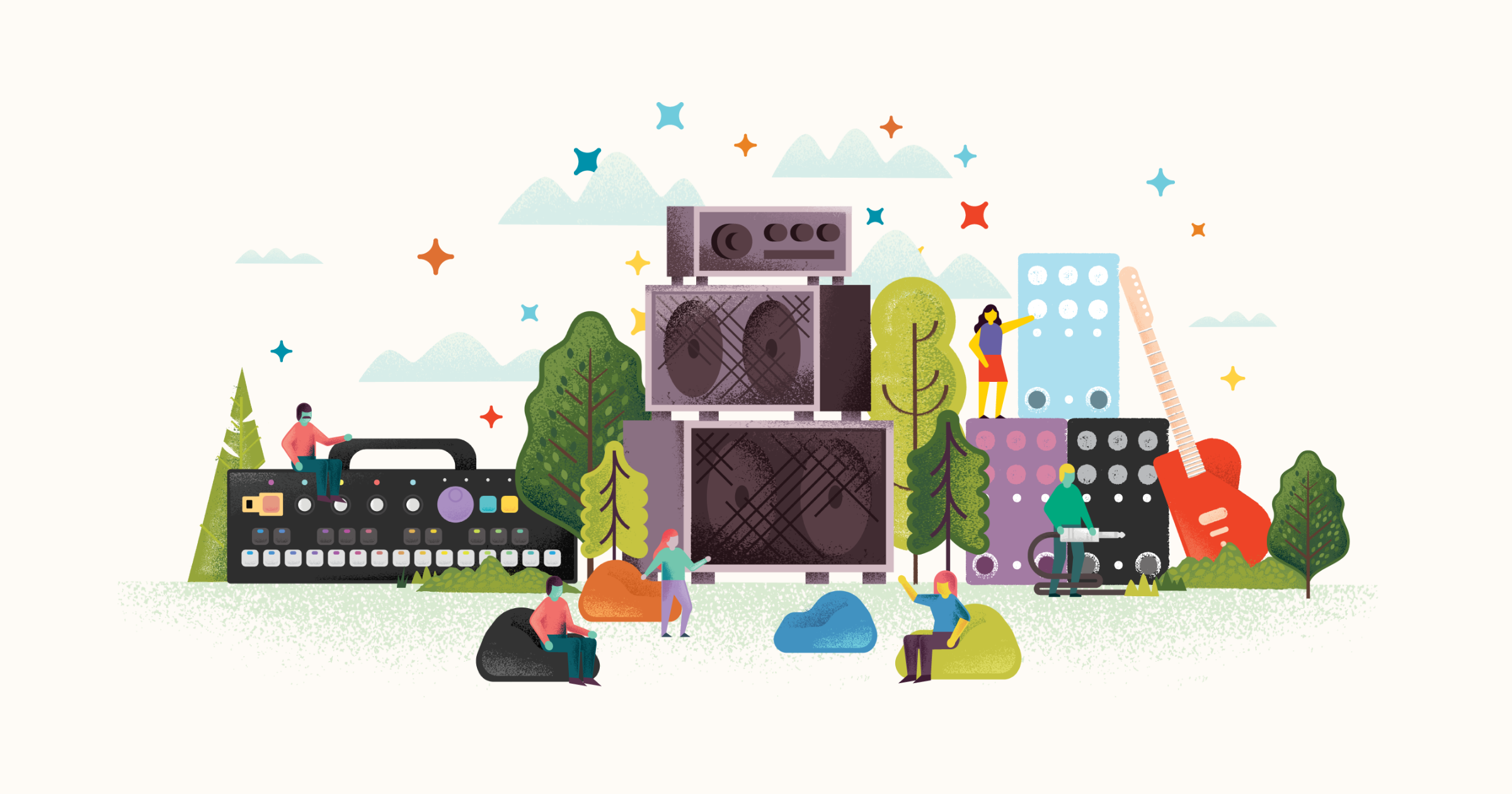Illustration of Chase Bliss pedals and CHOMPI land with stacks of speakers, pedals, guitar, and little people enjoying the music