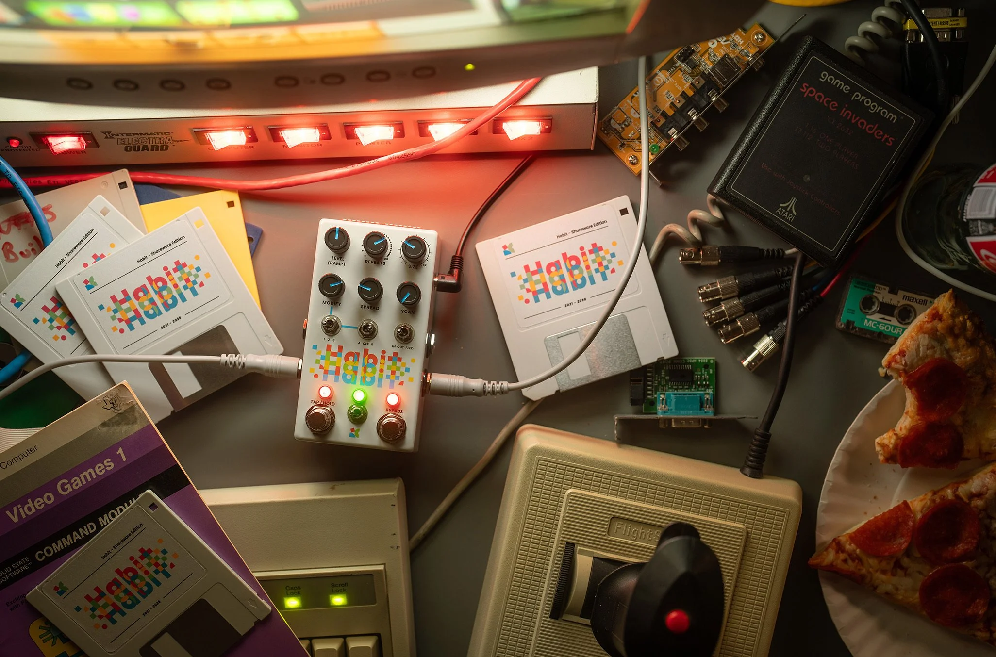 Habit "Shareware Edition" surrounded by retro technology.