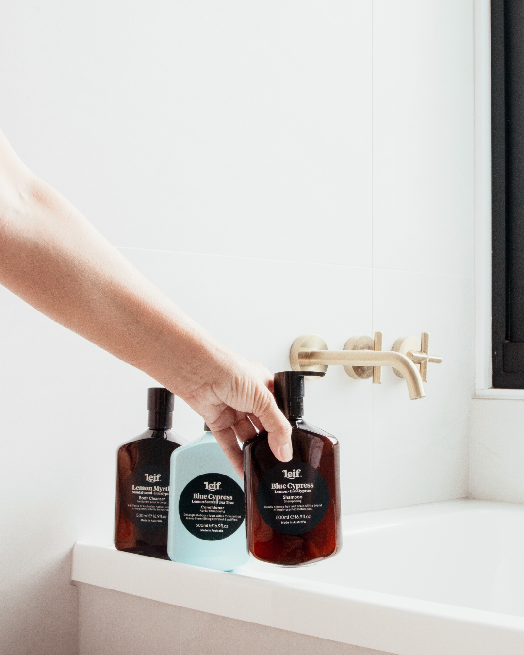 Leif products in a luxury bathroom,