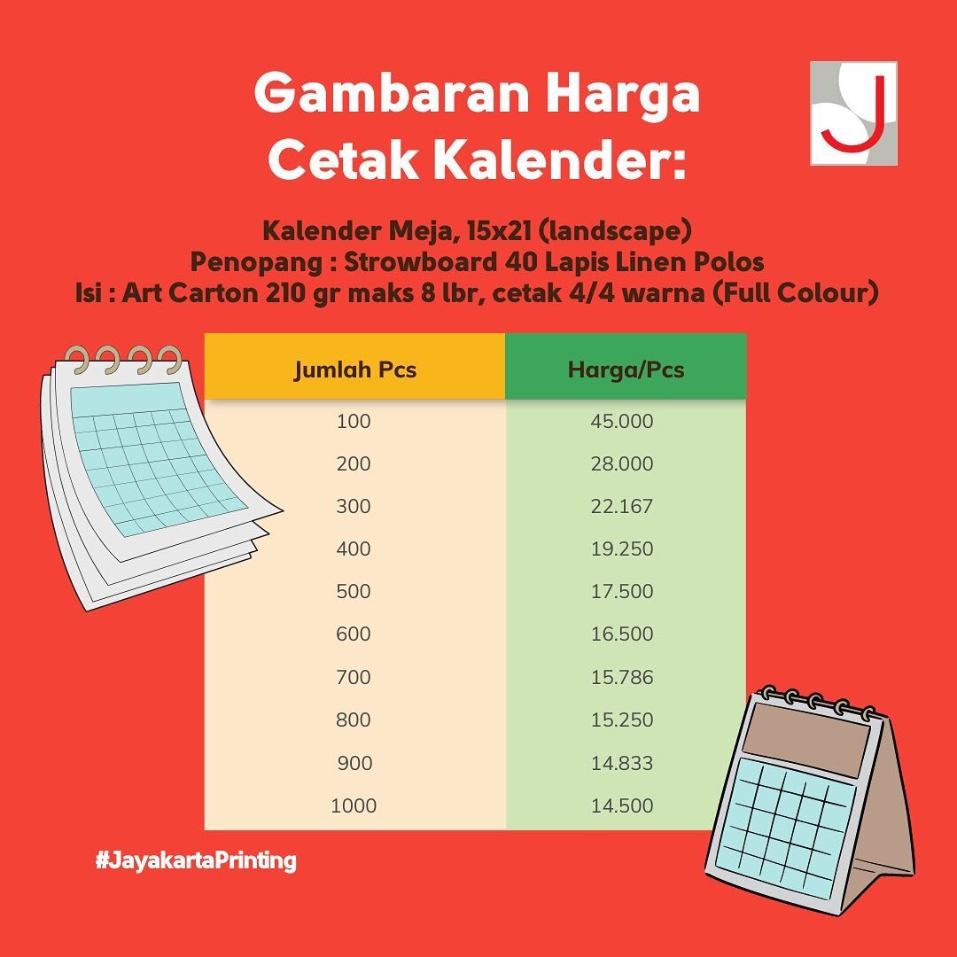 Berapa ya kira-kira biaya produksi kalender di Jayakarta? Berikut sekilas gambaran harganya! 

Bagaimana, tertarik membuat kalender cetak? Konsultasikan langsung ke Jayakarta aja, langsung klik link di bio yaa!

#JayakartaAgungOffset
#SolusiCetakMuda