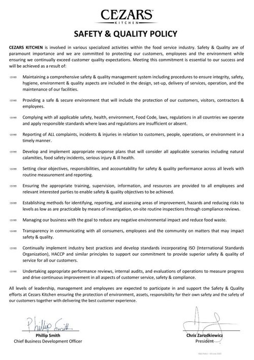 Cezars Kitchen Korea | Safety & Quality Policy — Cezars Kitchen Korea ...