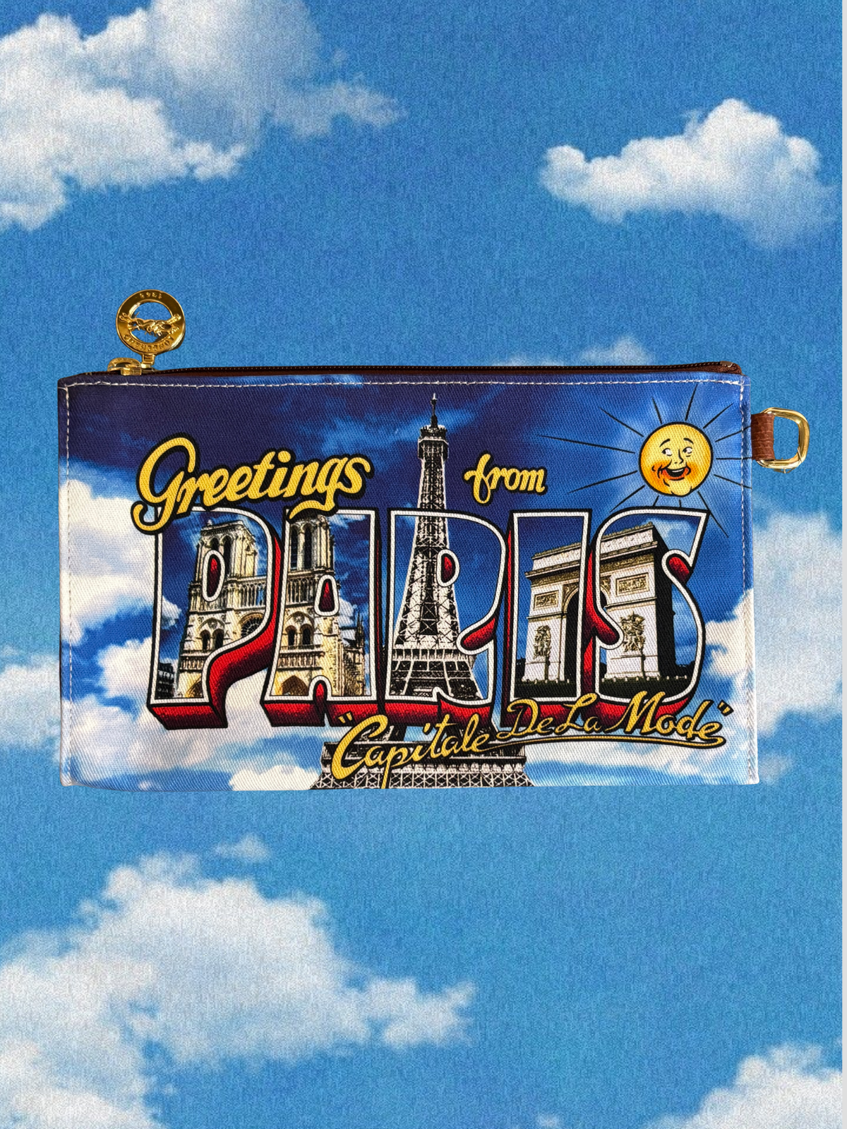 Longchamp x Jeremy Scott "Greetings from Paris" canvas clutch,  c. 2014