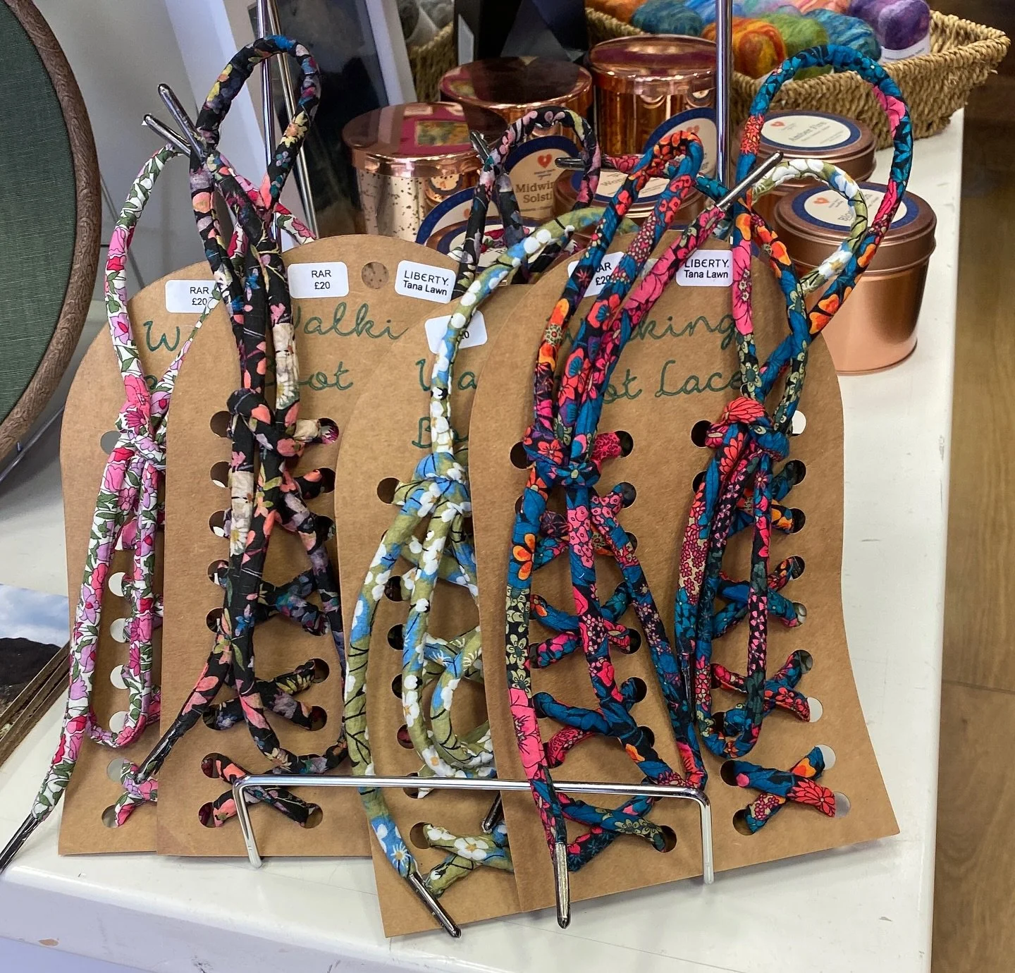 I have developed a new product: walking boot laces that are coated with fabric sealant and contain a corded nylon core for strength. Currently available exclusively at @thehappyherdwick shop in Keswick, Cumberland in 4 best selling prints 🌹🌹