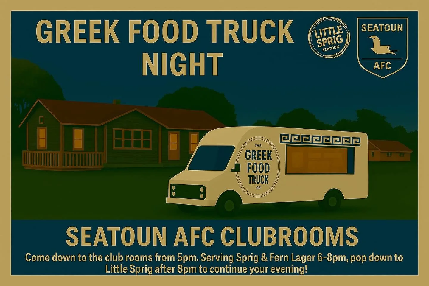 Greek food, cold beers, and a perfect evening at the club 🇬🇷🍻

The Greek Food Truck fires up from 5pm, serving up all the good stuff. The bar&rsquo;s pouring Sprig &amp; Fern Lager from 6&ndash;8pm, so get in early and make the most of it.

Then k