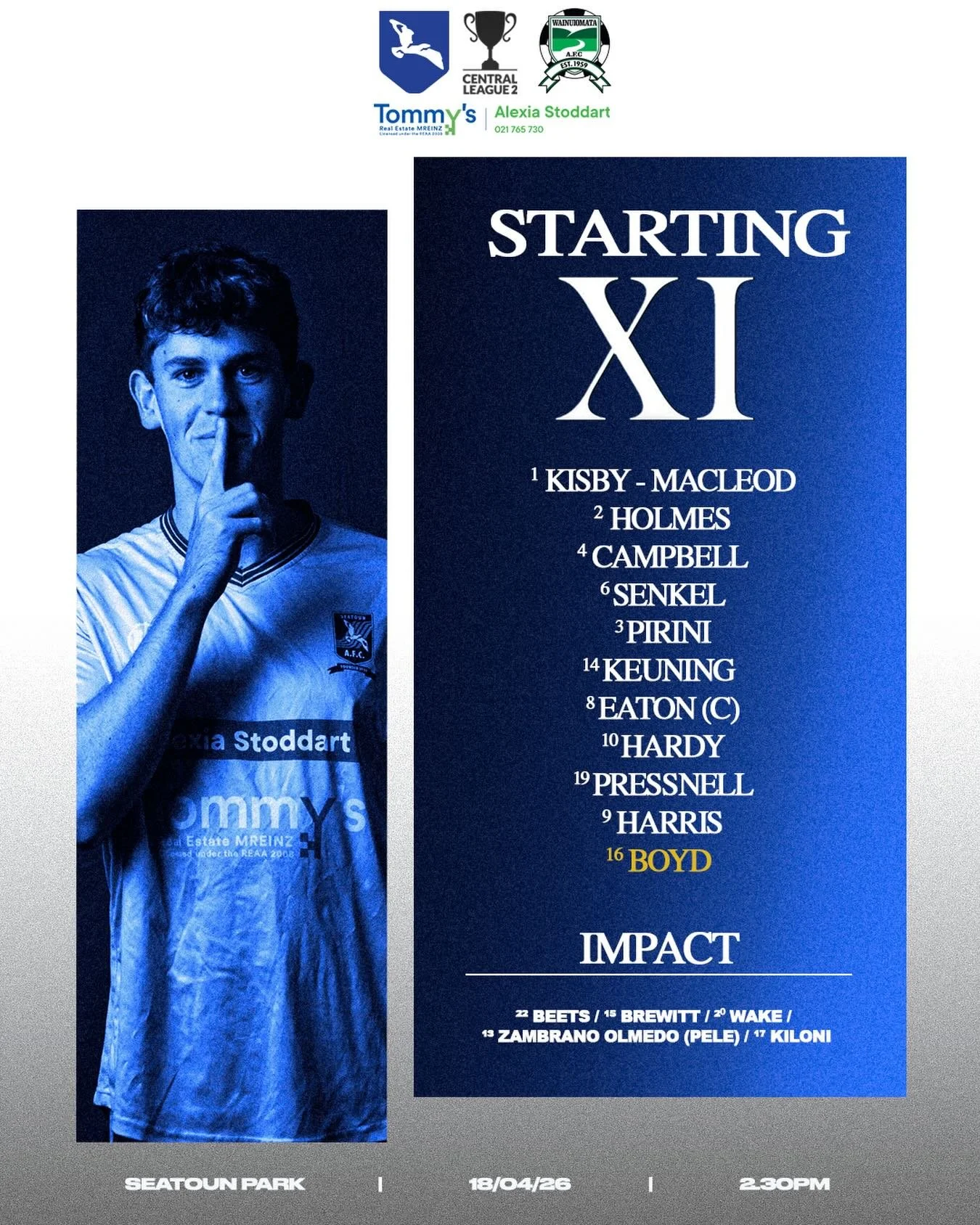 How we lineup against @wainuiomata_afc today 👊 Congratulations to Oliver Keuning on his first CL2 start for the club and Connor Boyd on his 50th first team appearance. Looking forward to seeing you all down at Seatoun park.  #upthetoun #mcl2