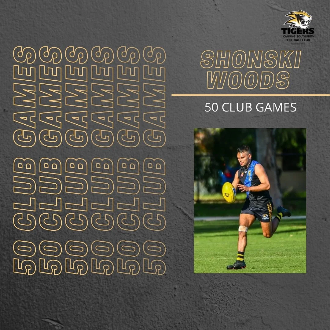 Shonski Woods 50!
Congratulations to Shonski Woods who will play his 50th club game this weekend. 
Shonski reaches the 50 game milestone in just his 3rd year at the club, after joining the Tigers in 2023. 
A nightmare for defenders, Shonski can do