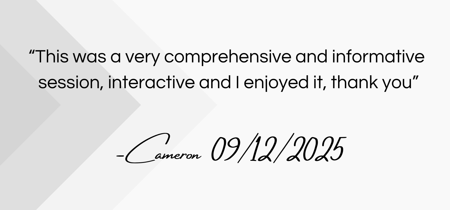 Quote from a person named Cameron praising a session, dated September 12, 2025.