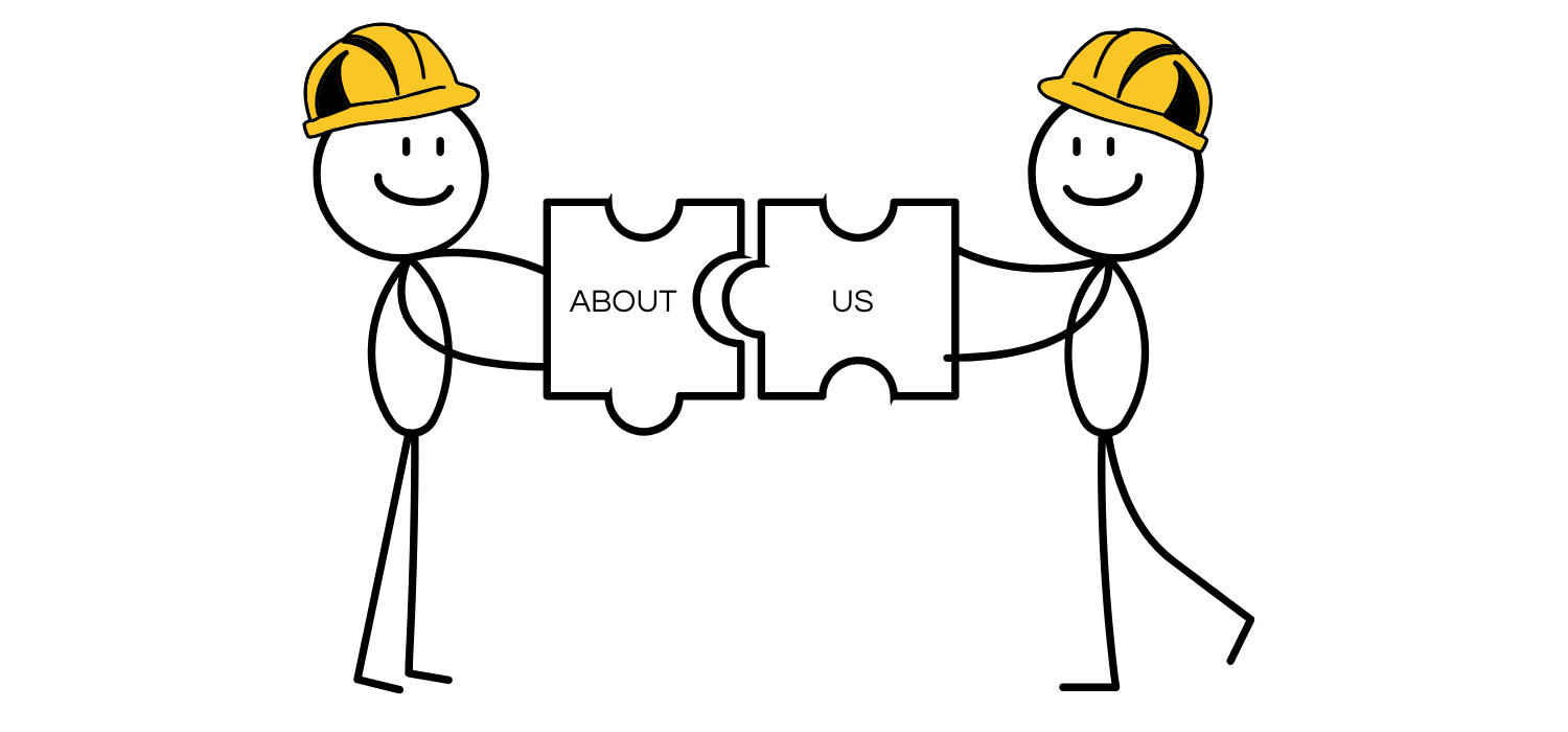 Two stick figures wearing yellow construction helmets hold puzzle pieces that together spell out 'ABOUT US'.