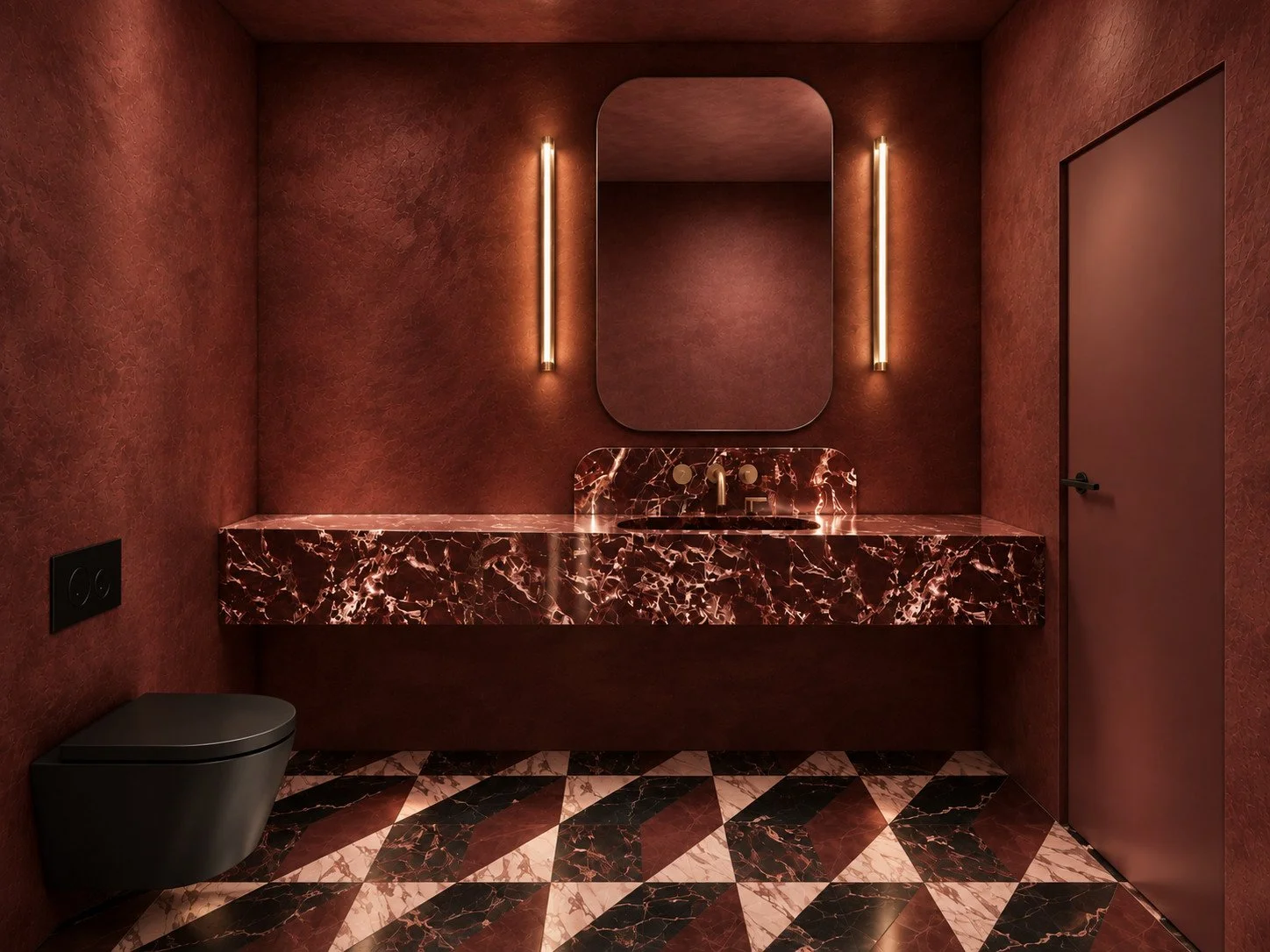 Umber powder room visualisation with deep red walls, a richly veined stone vanity, vertical wall lights and a geometric stone floor.