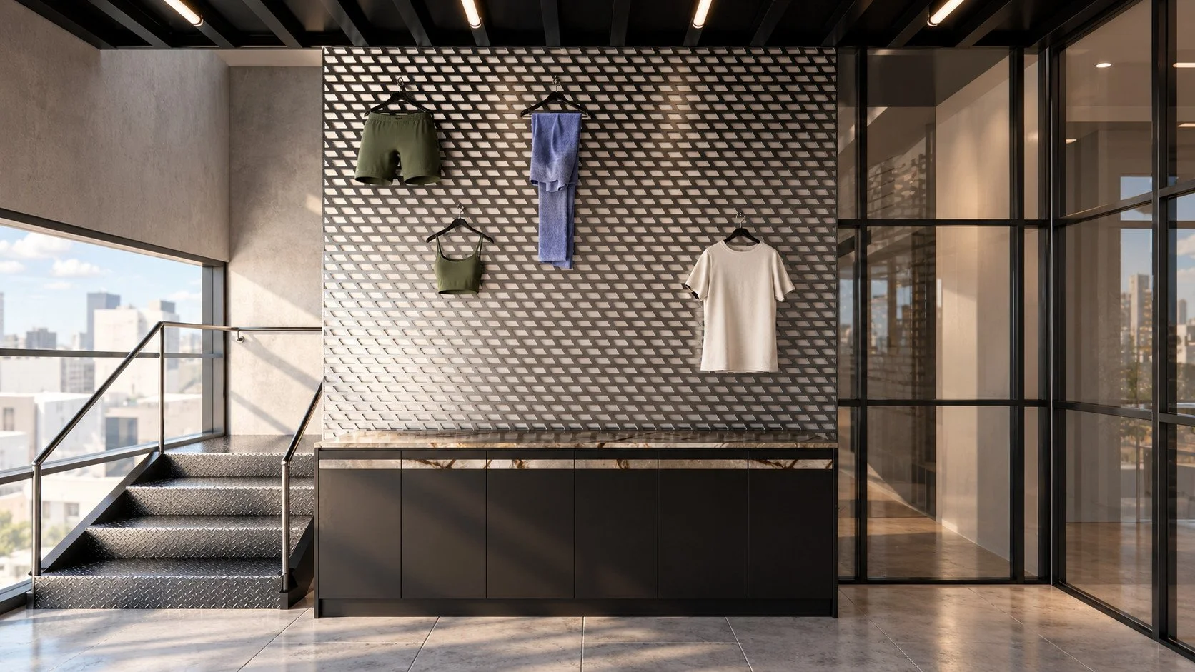 a patterned steel product display sits above dark joinery beside the staircase, connecting merchandising with the shared workplace.