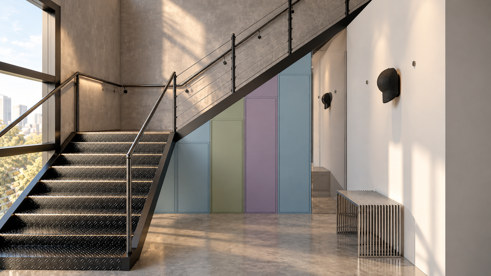 pastel integrated cabinetry transforms the space beneath the staircase into practical storage without losing the playful character of the interior.