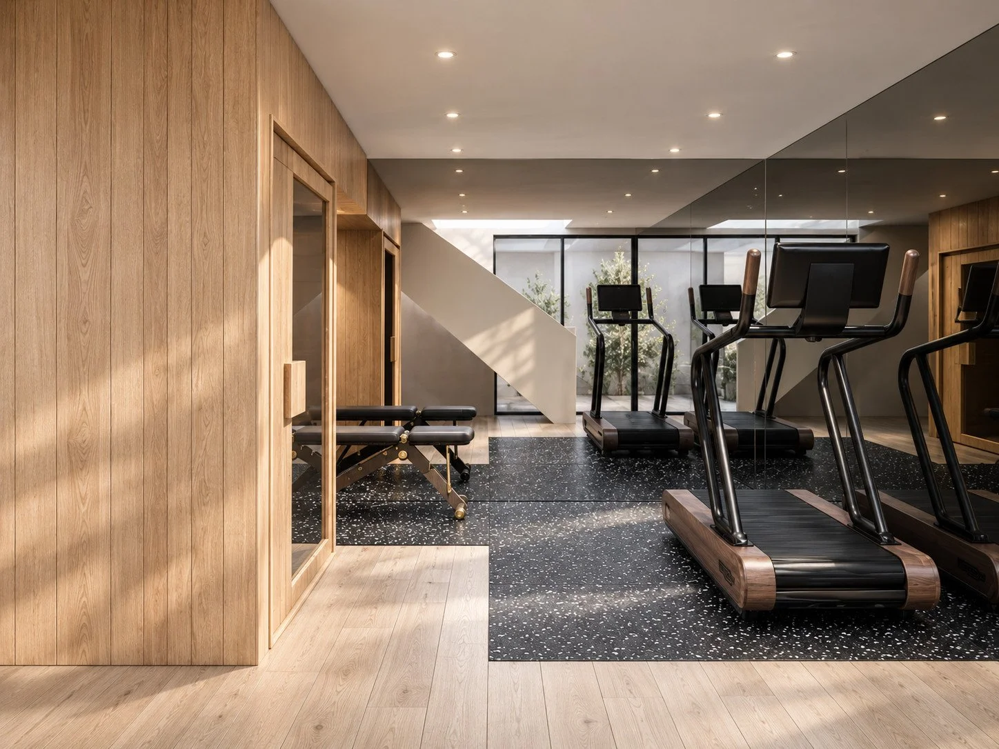 Umber basement gym and private lounge visualisation with bespoke timber joinery and dark veined stone detailing.