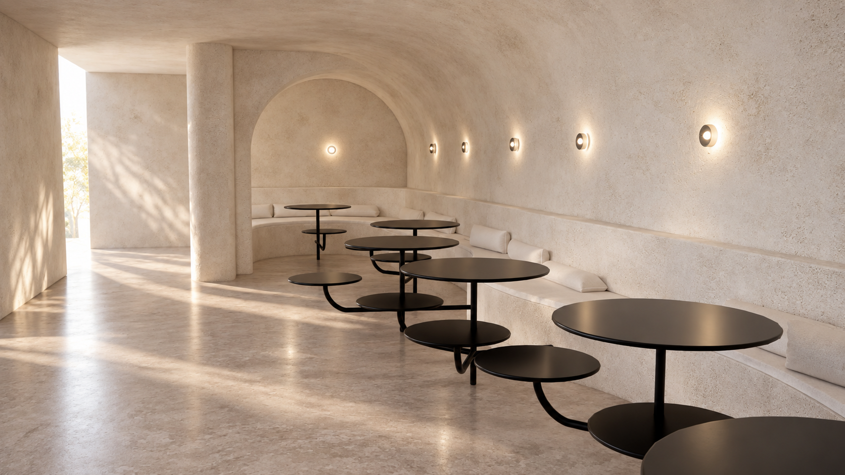 custom black tables and continuous built-in seating create a clean, functional and relaxed dining zone.