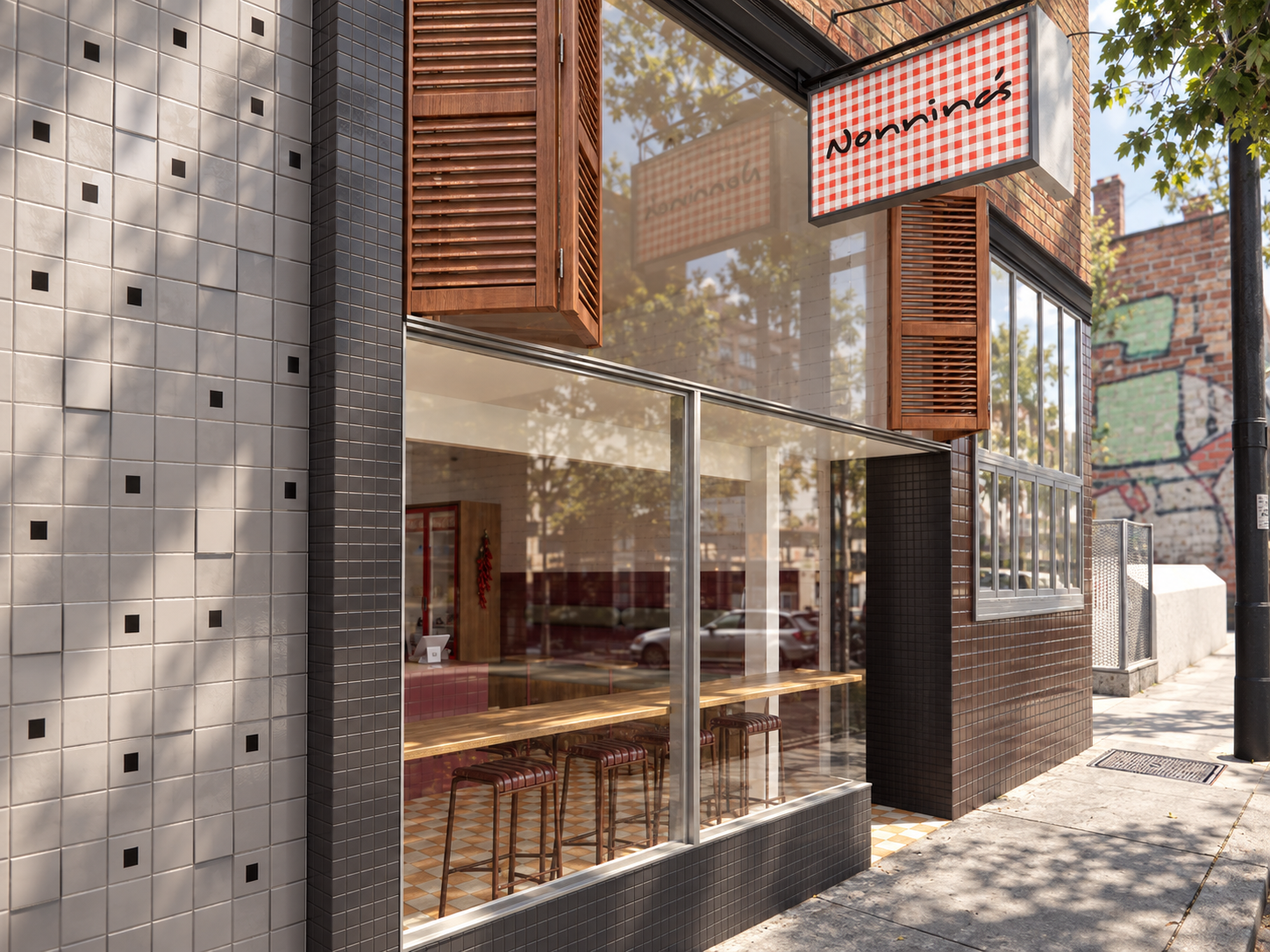 timber shutters, patterned tiling and bold signage give nonnina’s a distinctive street presence with a playful retro edge.