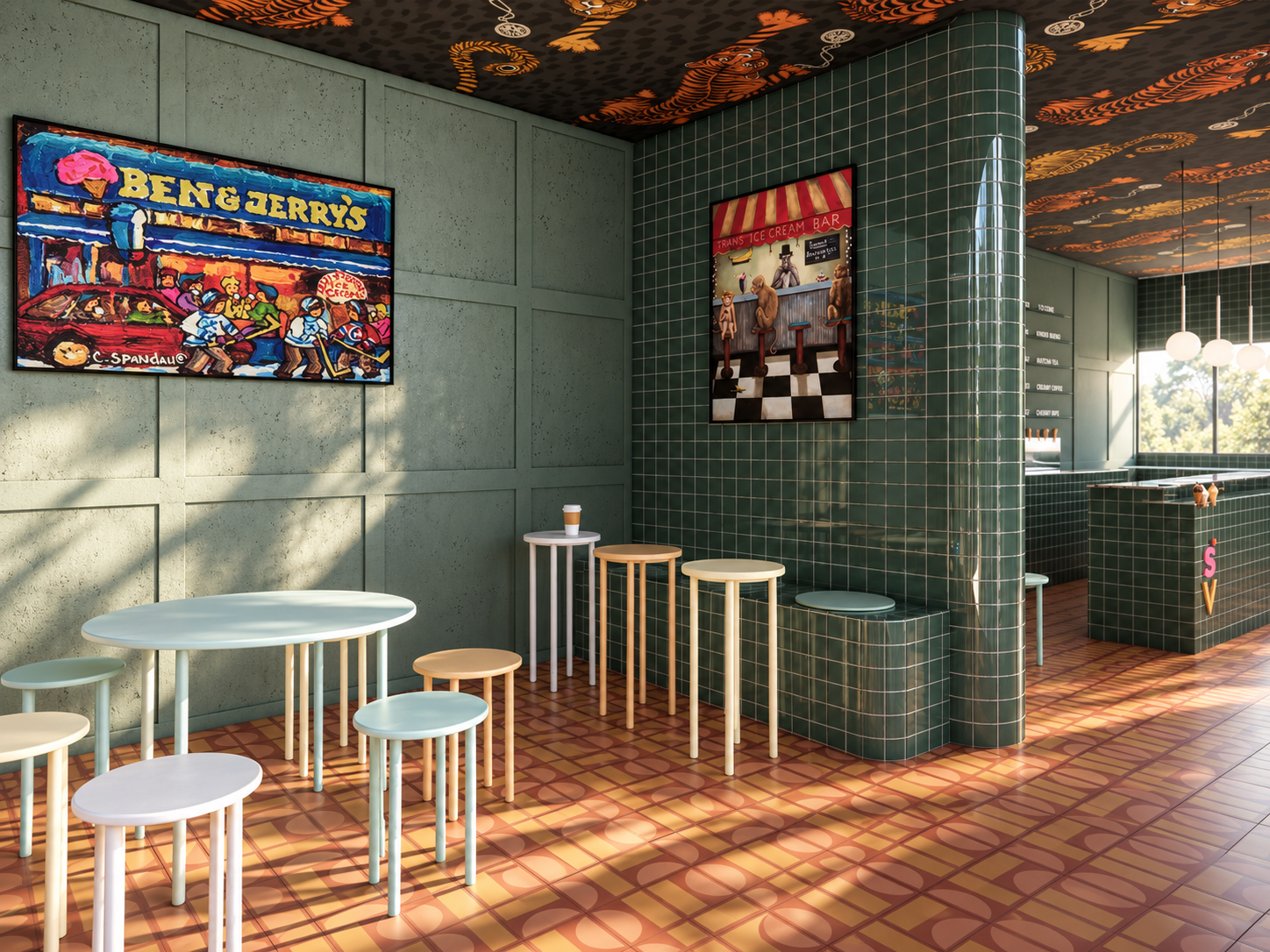 a playful mix of tiled surfaces, pastel seating and bold artwork creates a relaxed, character-filled corner within the space.