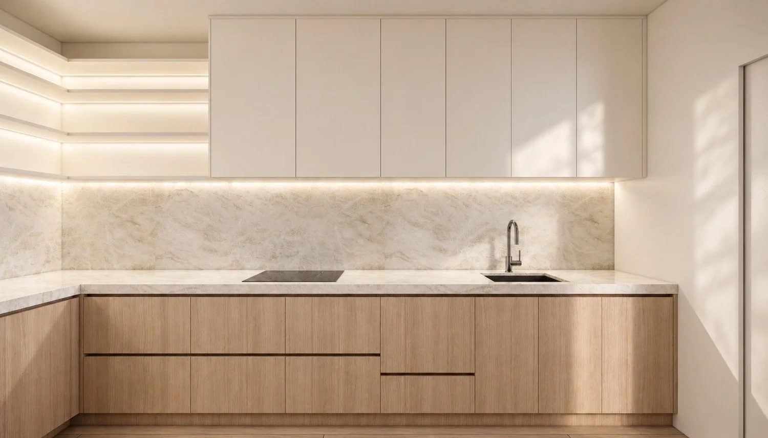 Pearl kitchen visualisation with pale overhead cabinetry, timber drawers and a natural stone splashback.