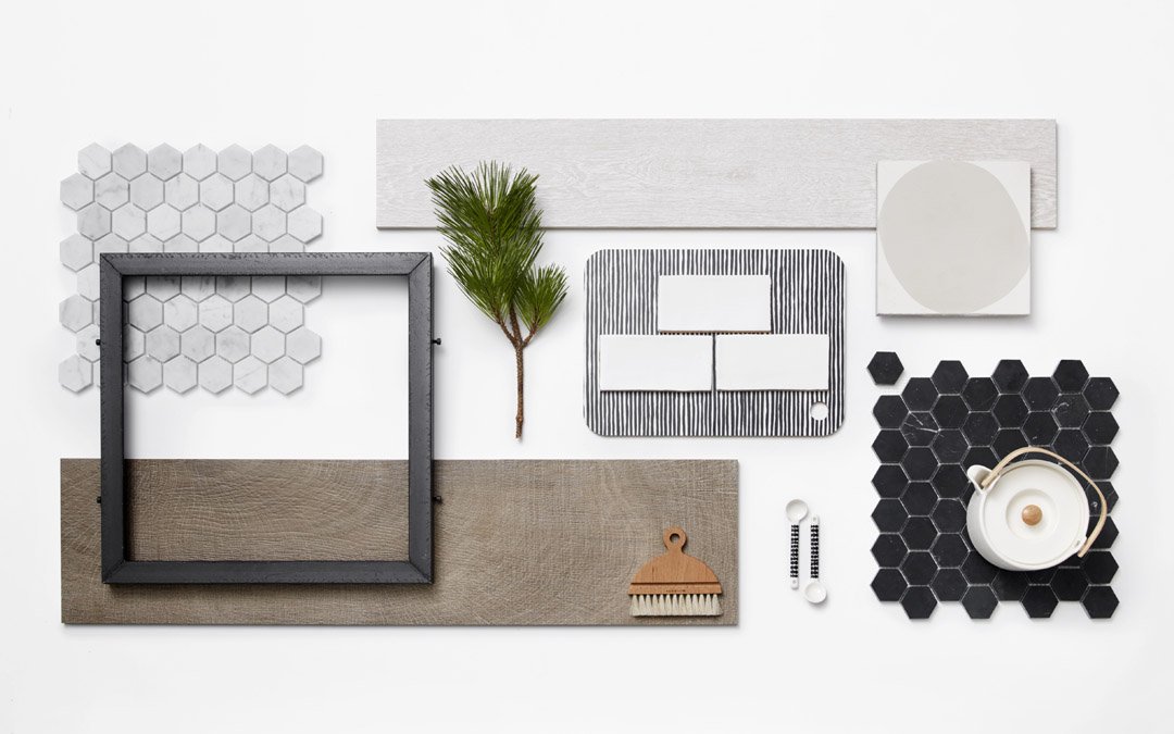 Bathroom material palette with tile, timber, hardware and colour samples.