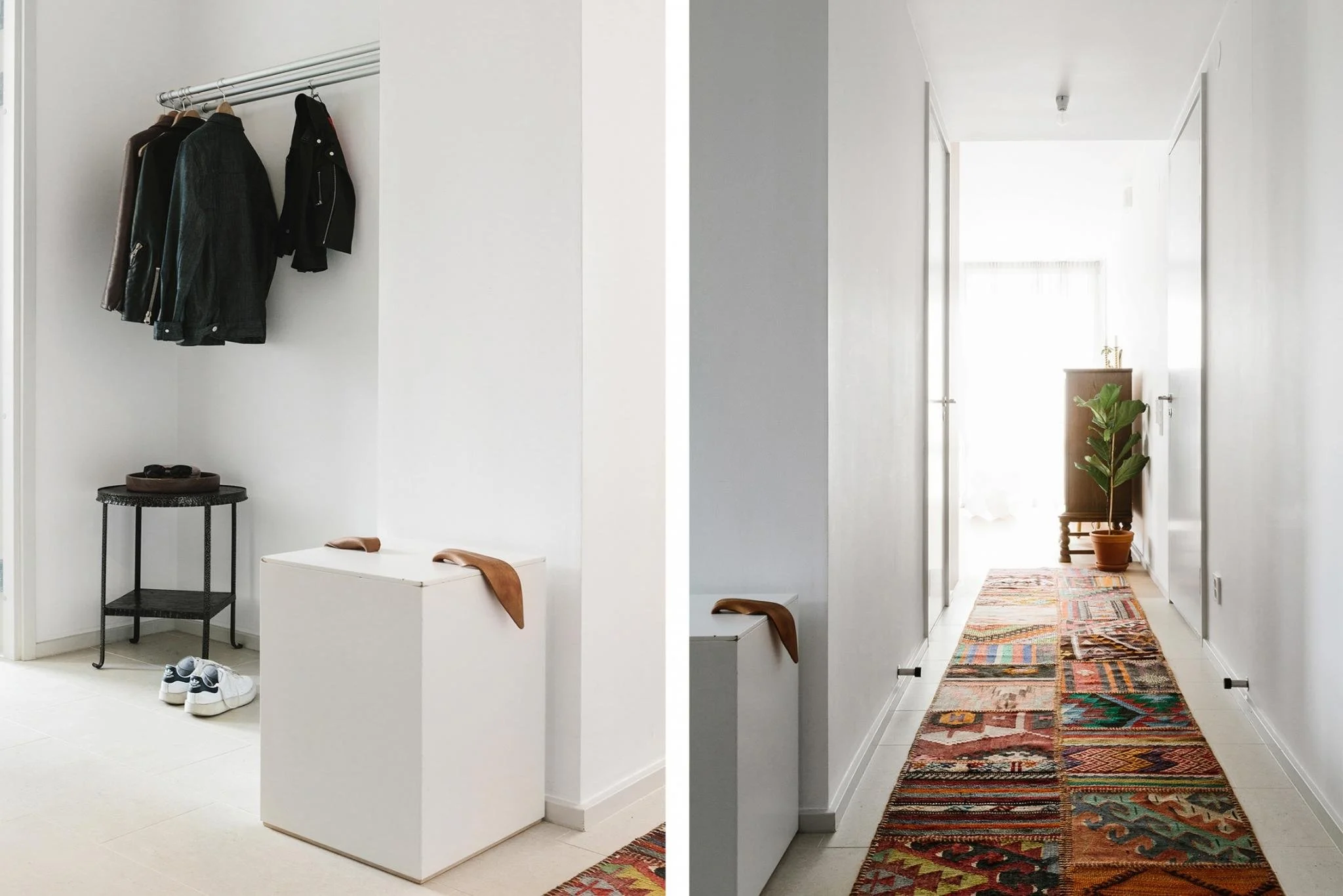 Pair of narrow entryways showing coat hooks, storage seating and a patterned runner.