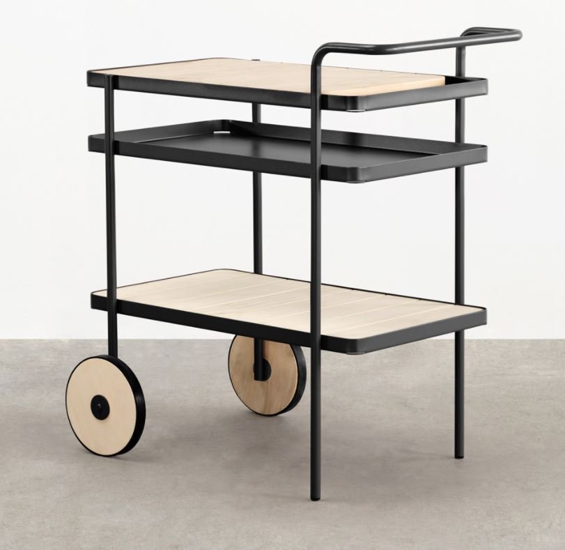 Slim black drinks trolley with timber shelves and large round wheels.