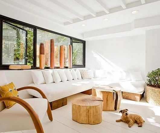 Bright living room with timber furnishings and large black-framed windows.