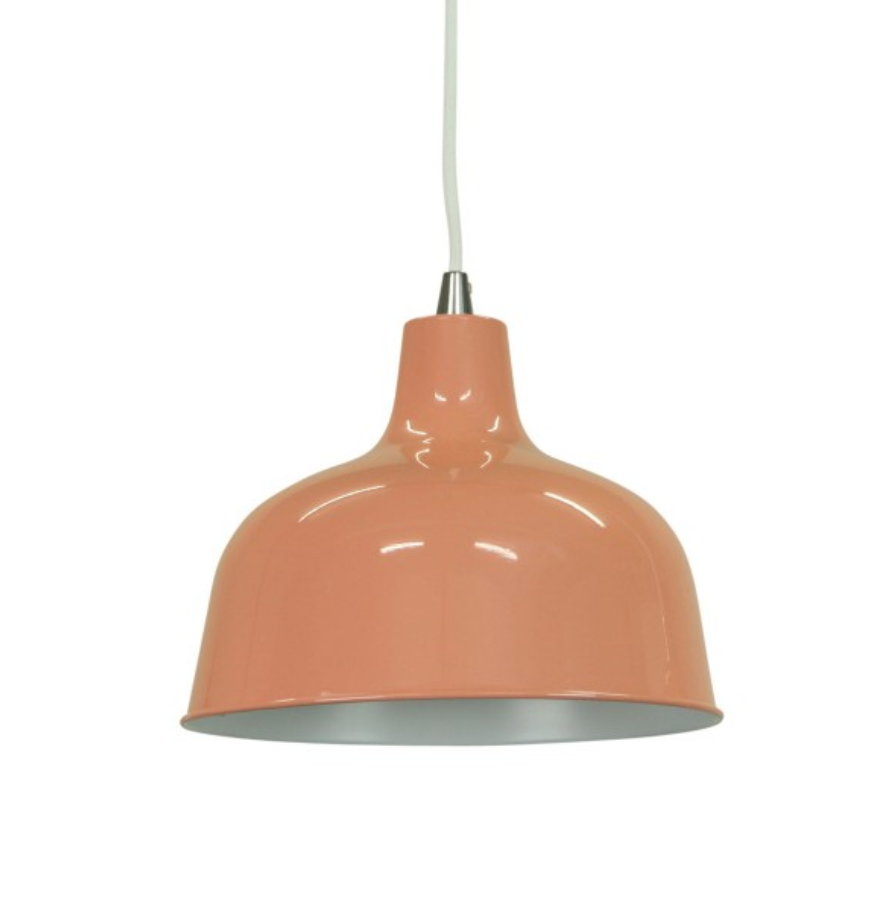 Coral-coloured dome pendant light suspended against white.