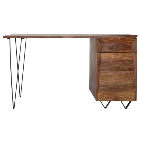 Slim timber desk with drawers and fine metal legs.