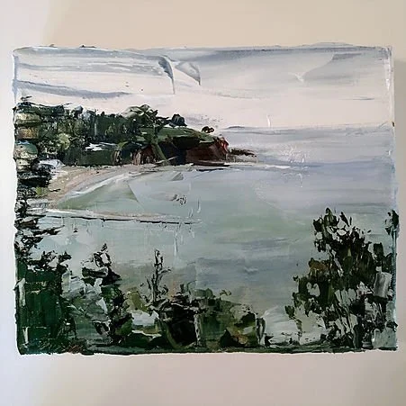 Painted coastal landscape with water, trees and a soft grey sky.