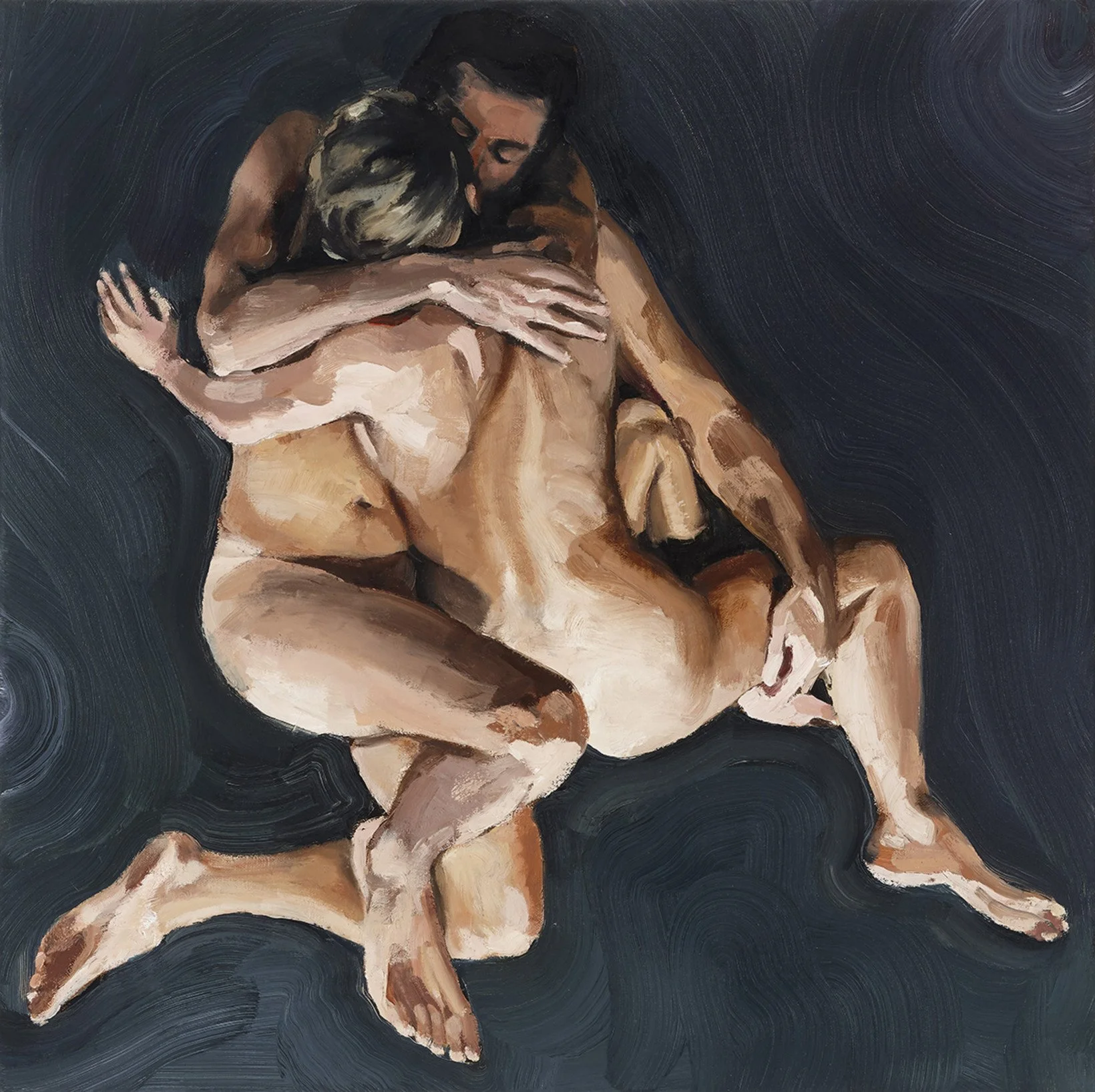 Artwork depicting intertwined figures against a dark background.